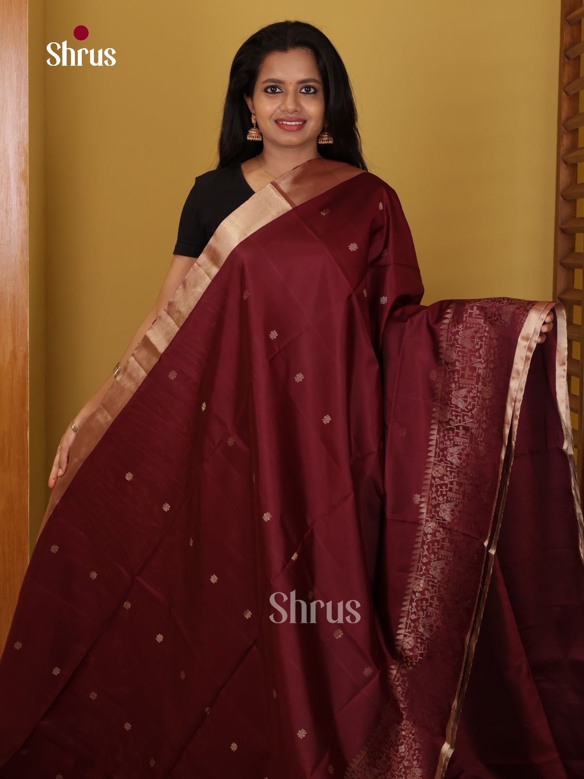 Buy Glistening Maroon Pure Soft Silk Saree with Zari Buttas, Kaddi Border & Brocade Pallu