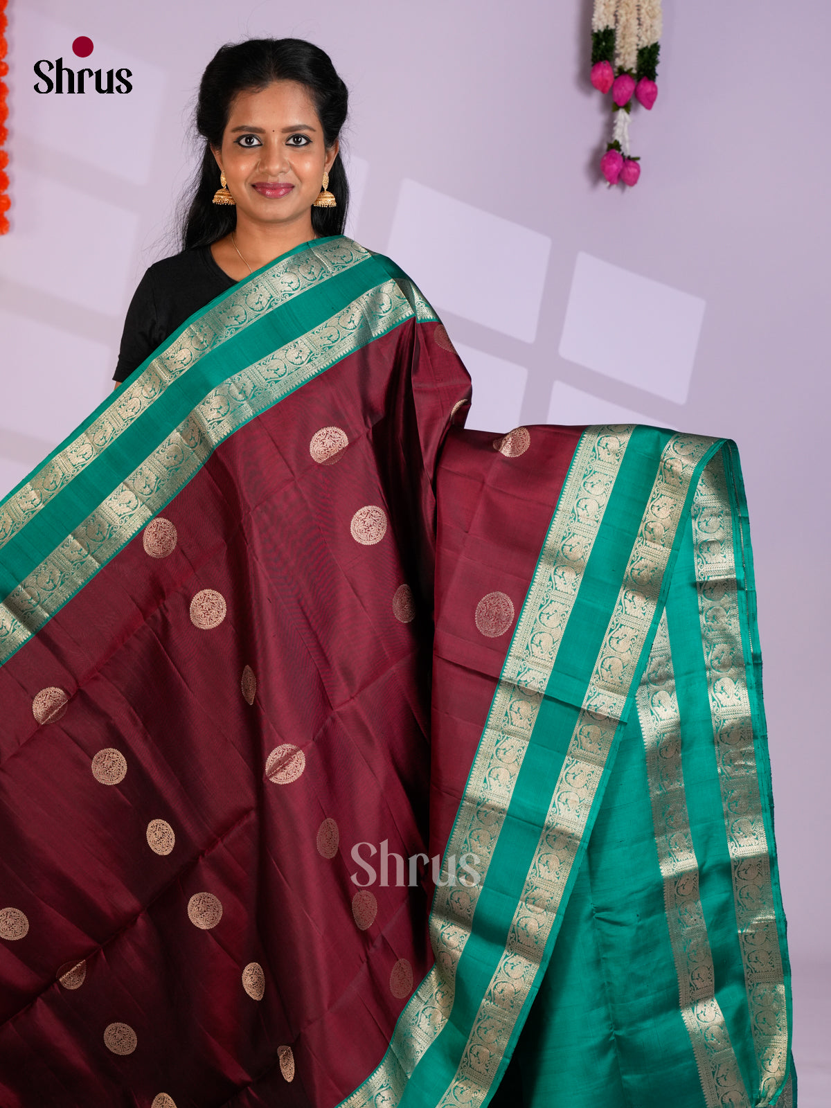 Buy Pretty Maroon Pure Soft Silk Saree with Zari Peacock & Round Buttas, Teal Green Border & Pallu