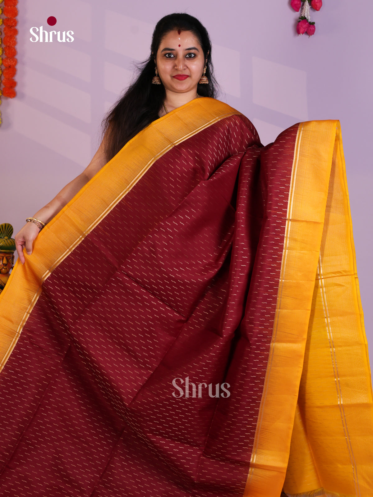 Buy Pretty Maroon Pure Soft Silk Saree with Zari Stripes Butta & Mustard Yellow Brocade Pallu