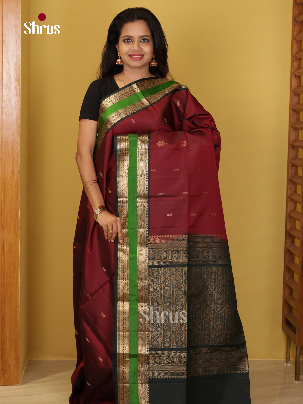 Buy Majestic Maroon Soft Silk Saree With Golden Buttas, Rettaipet Zari Border & Black Pallu