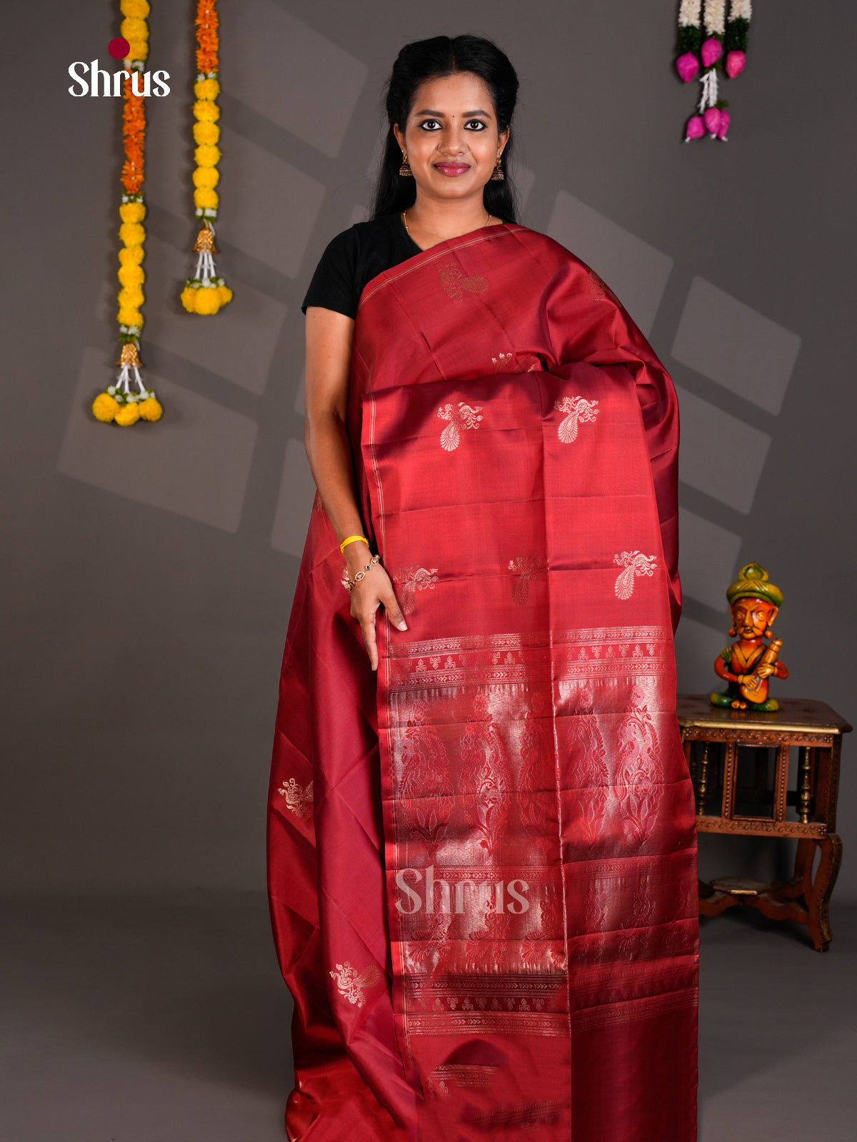 Buy Striking Maroon Soft Silk Saree With Peacock Motifs & Brocade Pallu With Paisley Design