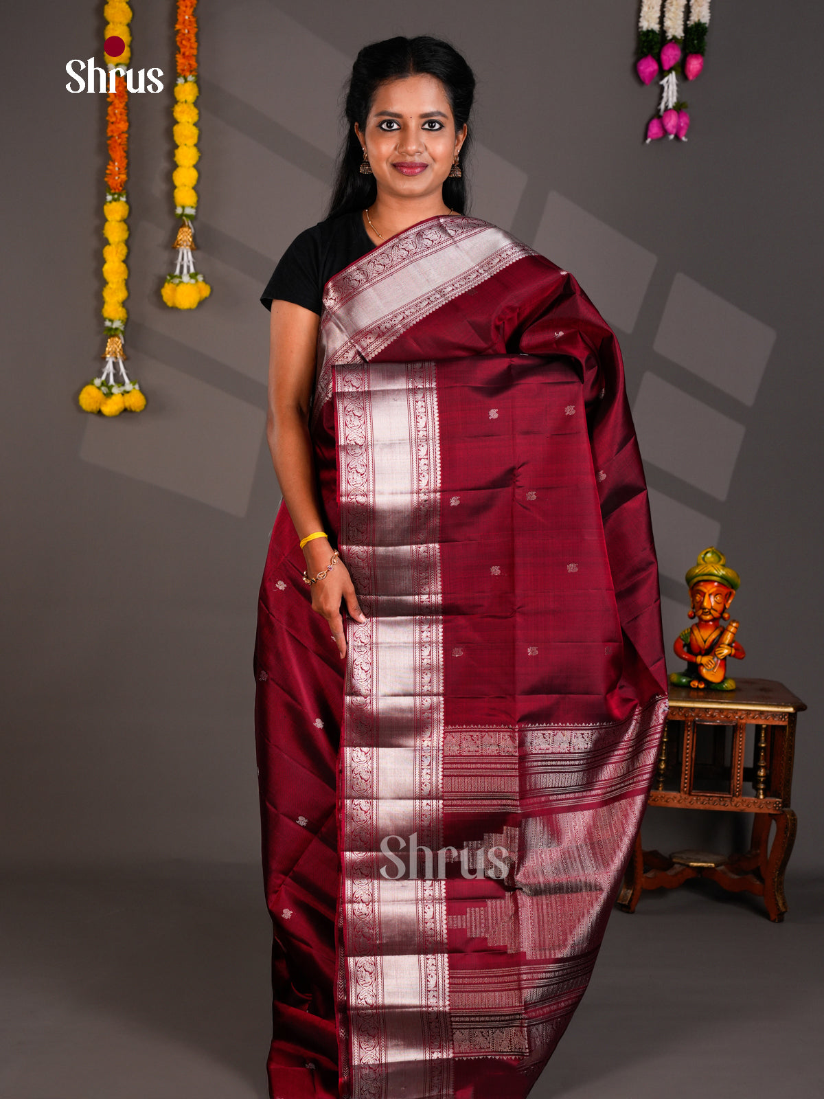 Buy Dazzling Maroon Soft Silk Saree With Silver Peacock Buttas, Zari Border & Pallu 