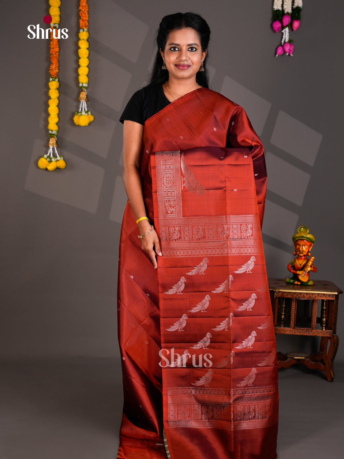Buy Timeless Maroon Soft Silk Saree With Small Buttas, Silver Parrot Motifs In Border & Pallu