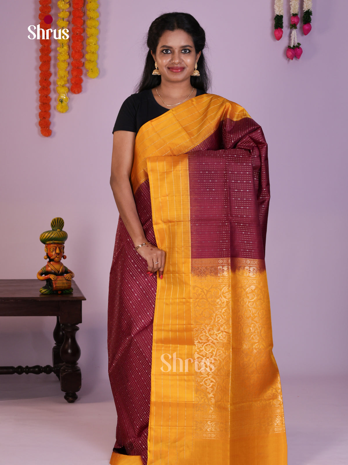Buy Timeless Maroon Soft Silk Saree with Dotted Zari Stripes, Mustard Striped Border & Border Pallu