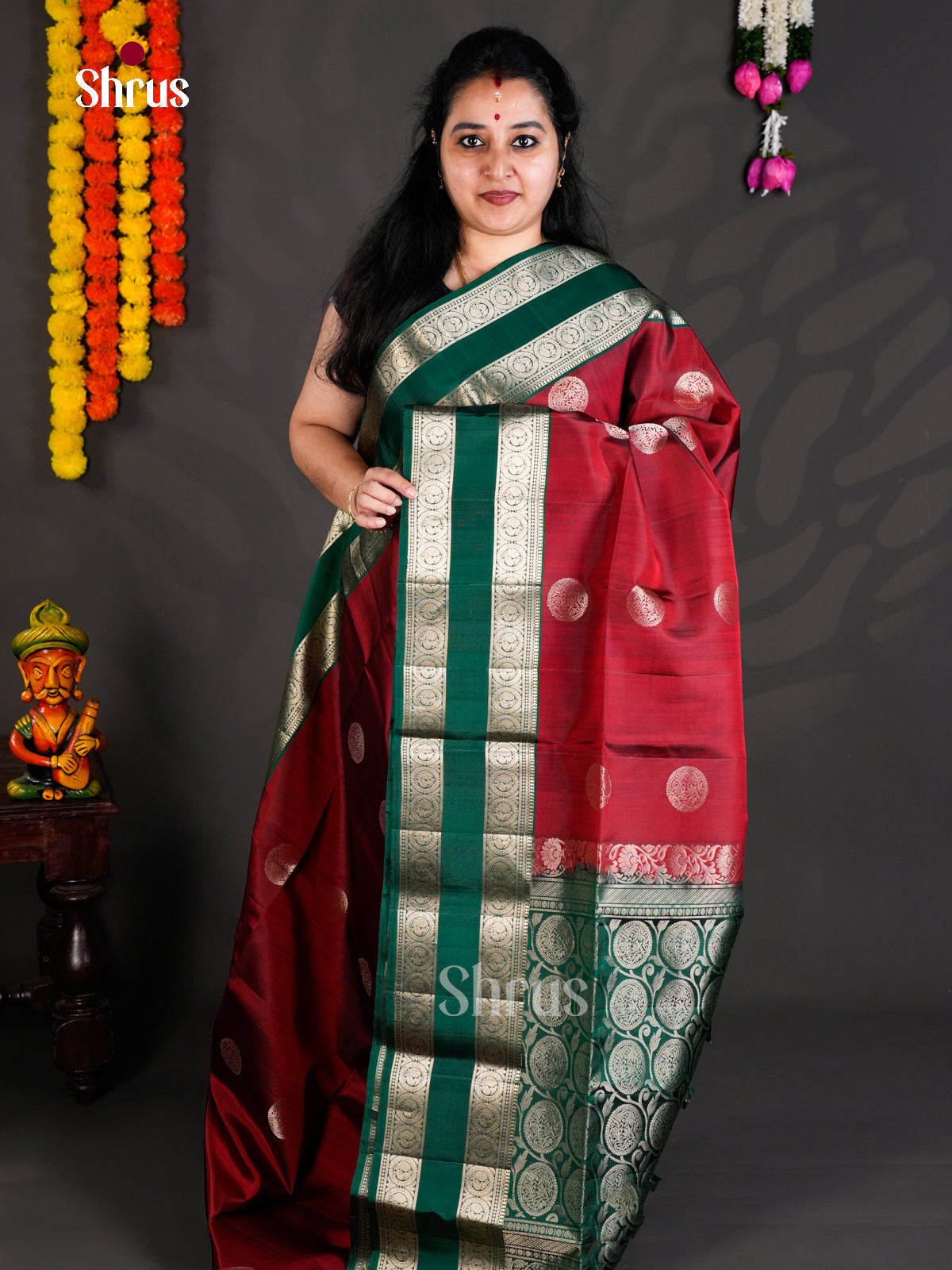 Buy Timeless Maroon Soft Silk Saree with Gold Circle Motifs & Green Rettaipet Zari Border