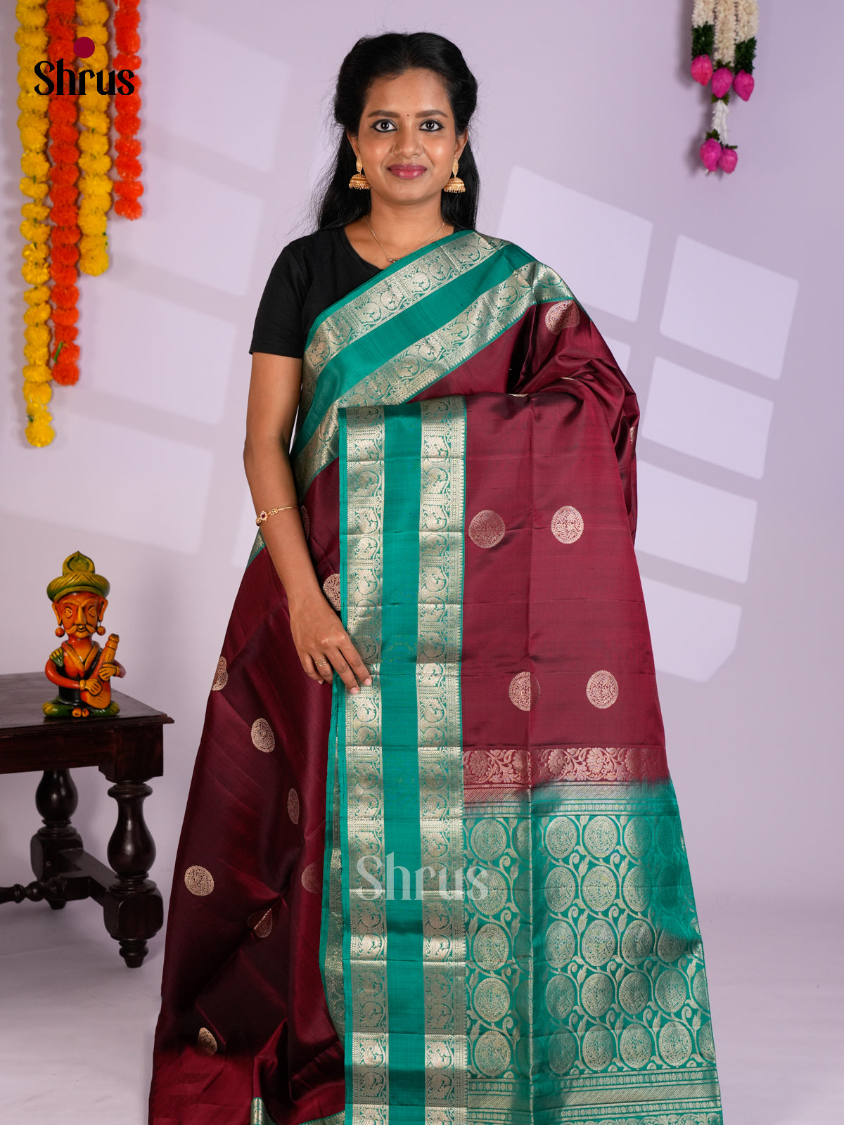 Buy Pretty Maroon Soft Silk Saree with Zari Peacock & Round Buttas, Teal Green Border & Pallu