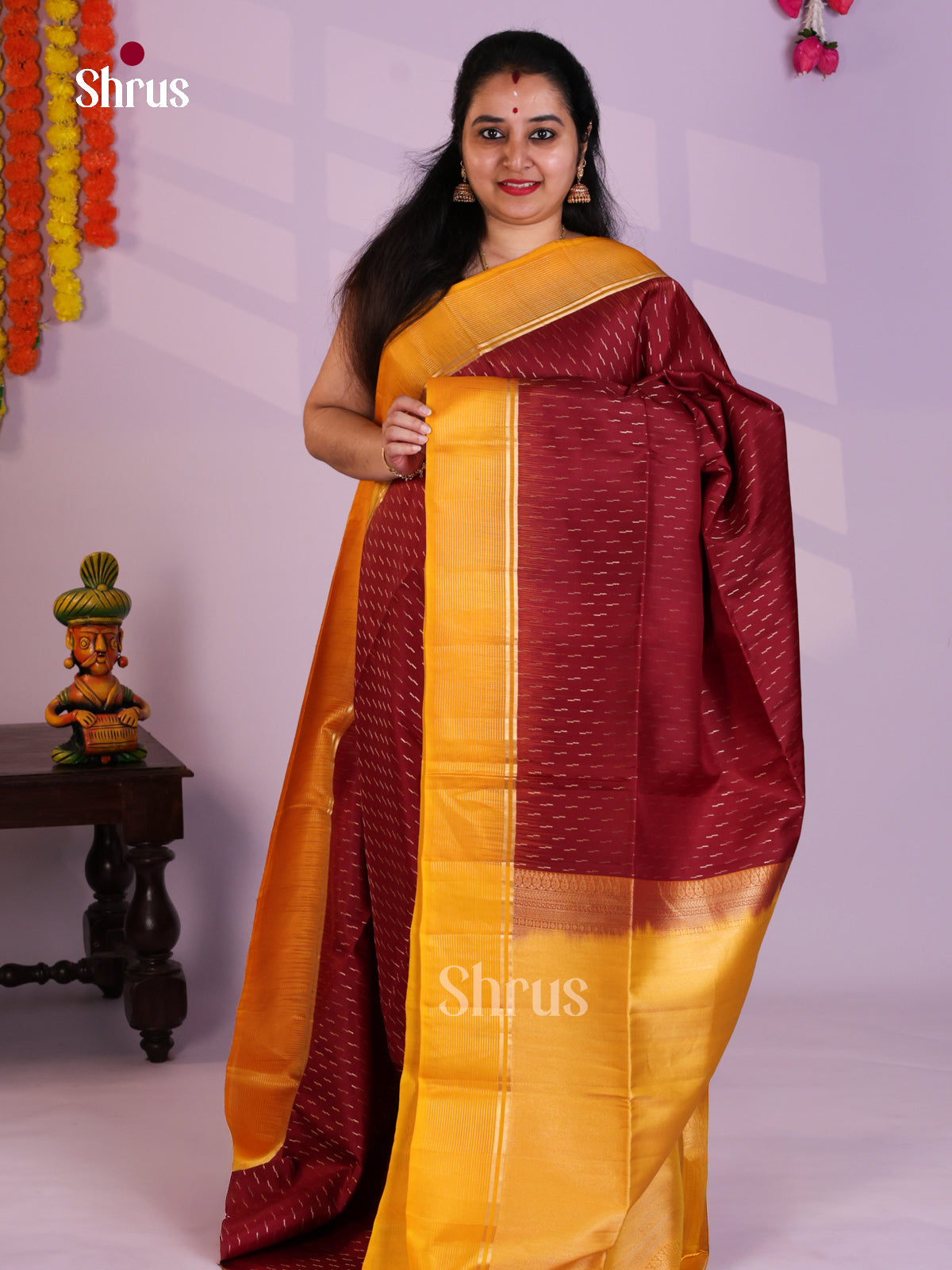 Buy Pretty Maroon Soft Silk Saree with Zari Stripes Butta & Mustard Yellow Brocade Pallu