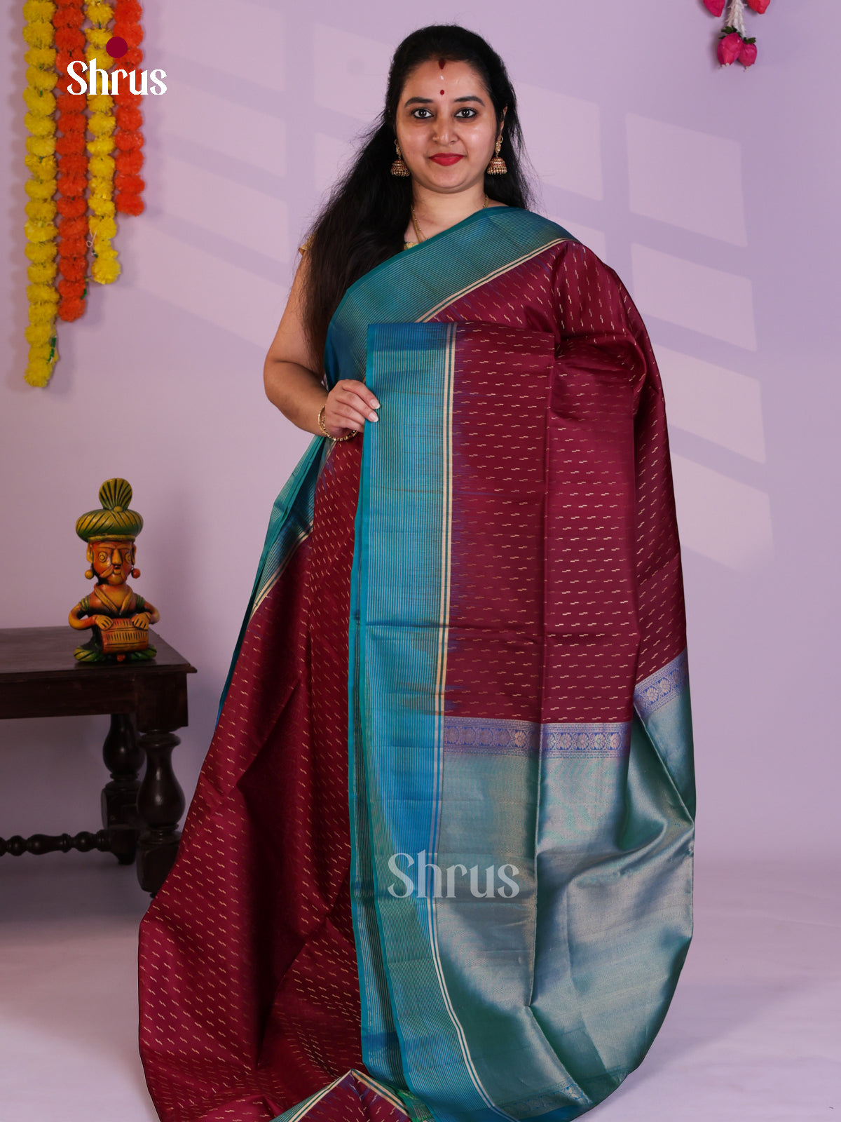 Buy Classy Maroon Soft Silk Saree with Zari Stripes Buttas & Teal Brocade Pallu