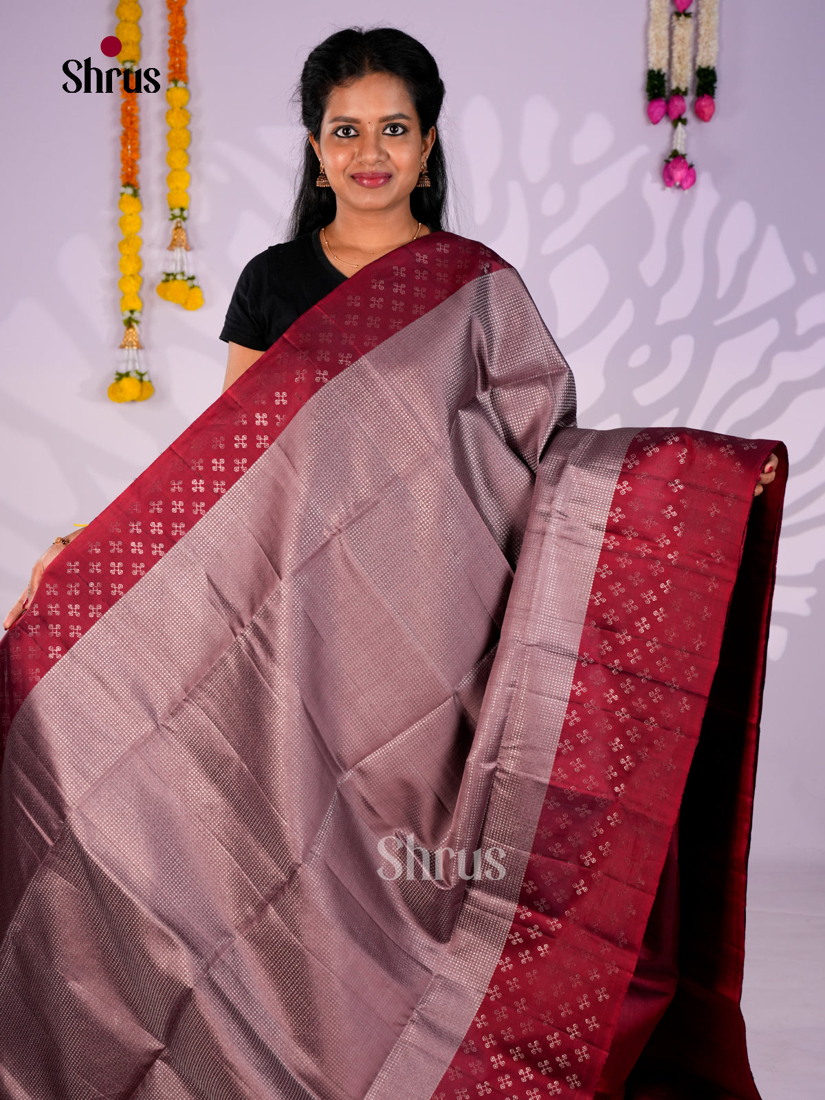 Buy Elegant Mauve Pure Soft Silk Saree With Micro Checkered Weave & Crimson Border With Zari Buttis