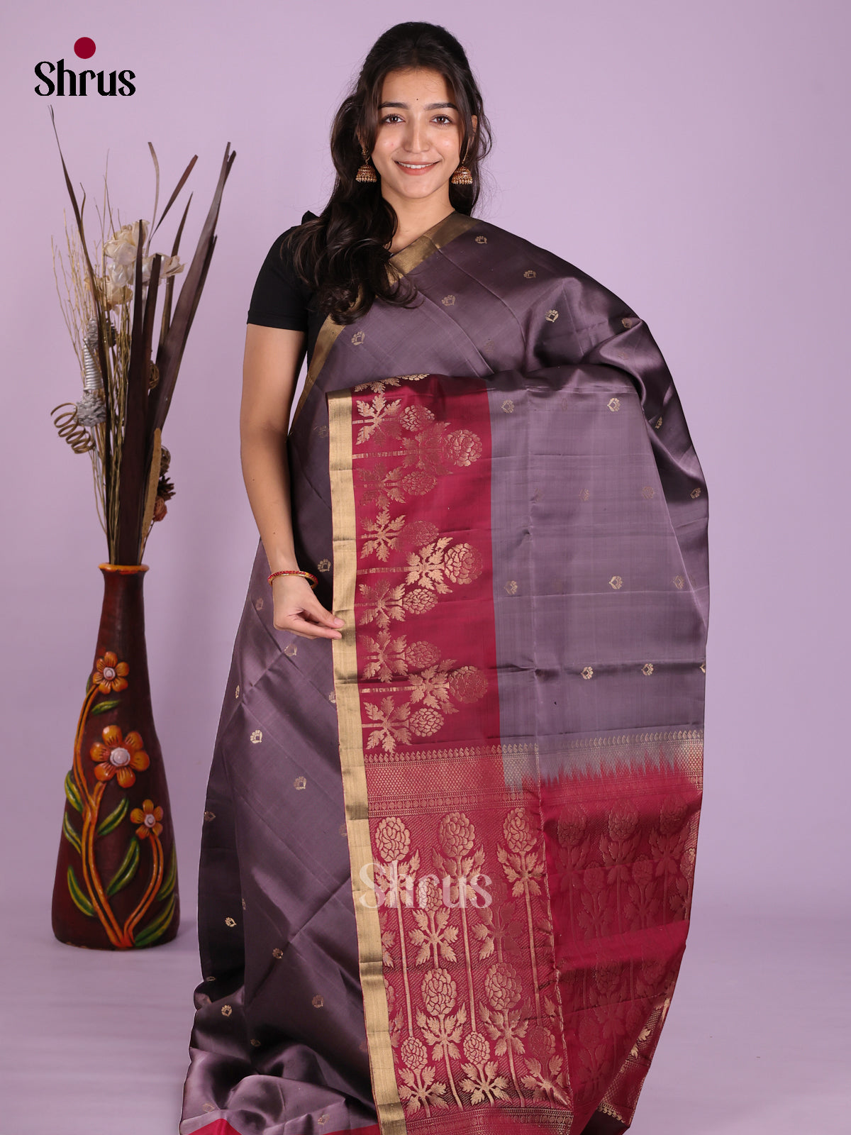 Elegant Mauve Soft Silk Saree with Zari Buttas & Maroon Border With Floral Motifs & Brocade Pallu