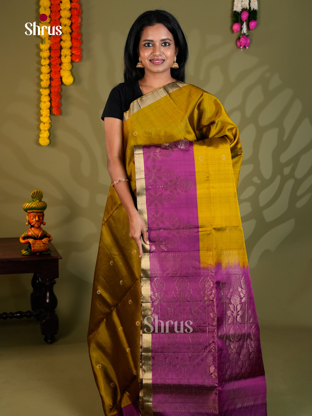 Buy Serene Mehandi Green Soft Silk Saree with Zari Buttas, Purple Border & Pallu With Brocade Pattern