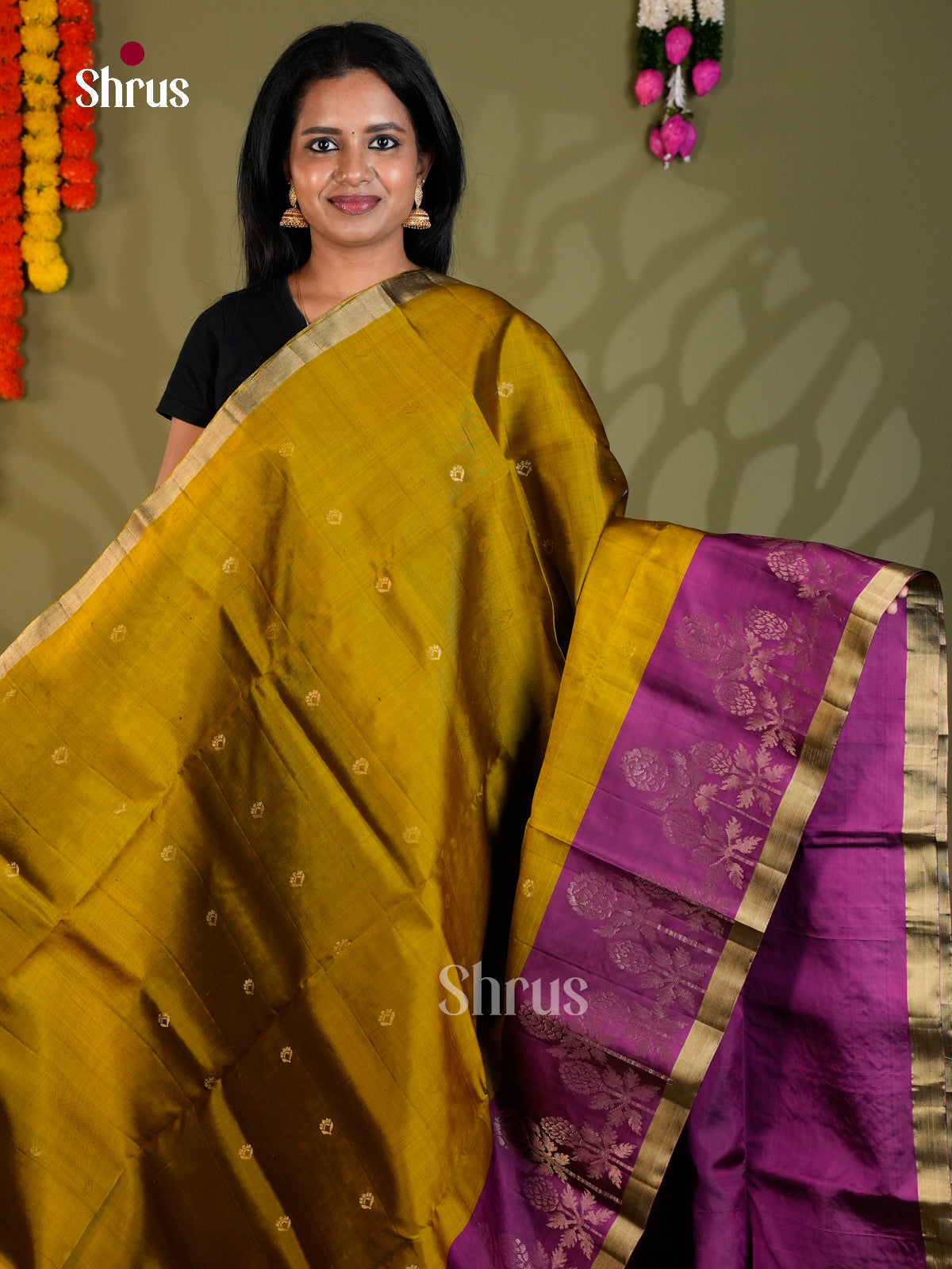 Buy Serene Mehendi Green Pure Soft Silk Saree with Zari Buttas, Purple Border & Pallu With Brocade Pattern