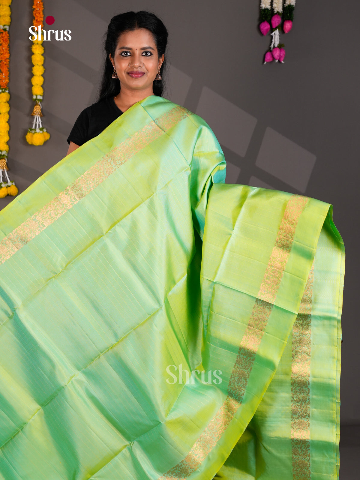 Buy Luminous Mint Green Pure Soft Silk Saree with Horizontal Stripes, Floral Vines Woven Zari Border & Pallu