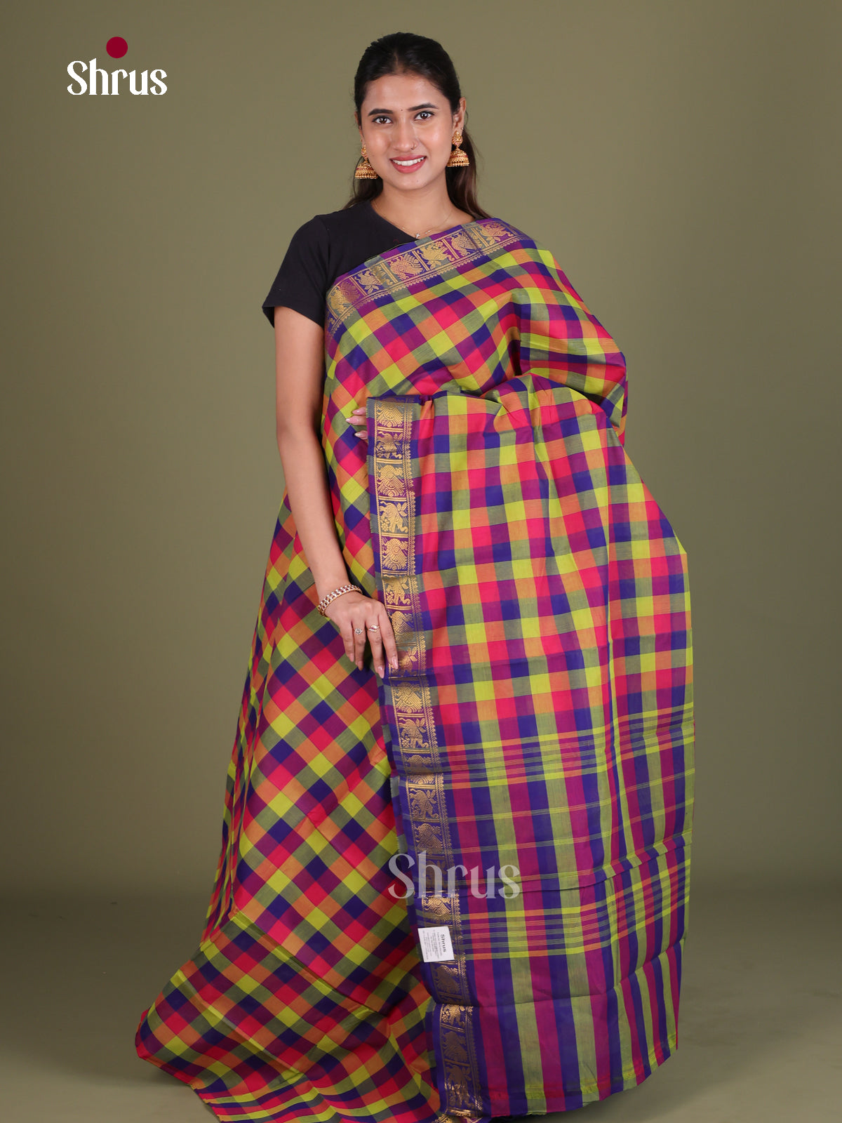 Vibrant Multicolor Chettinad Cotton Sarees With Big Checks, Violet Zari Border & Pallu
