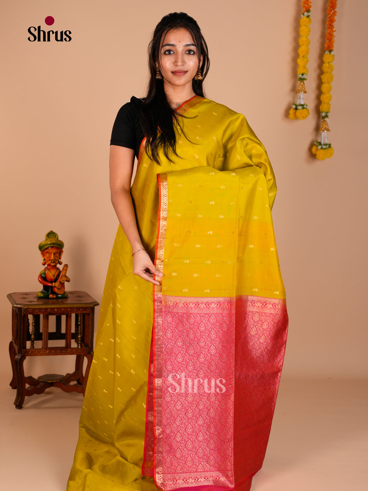 Buy Beautiful Mustard Green Soft Silk Saree with Gold Buttas & Orangish Pink Brocade Pallu