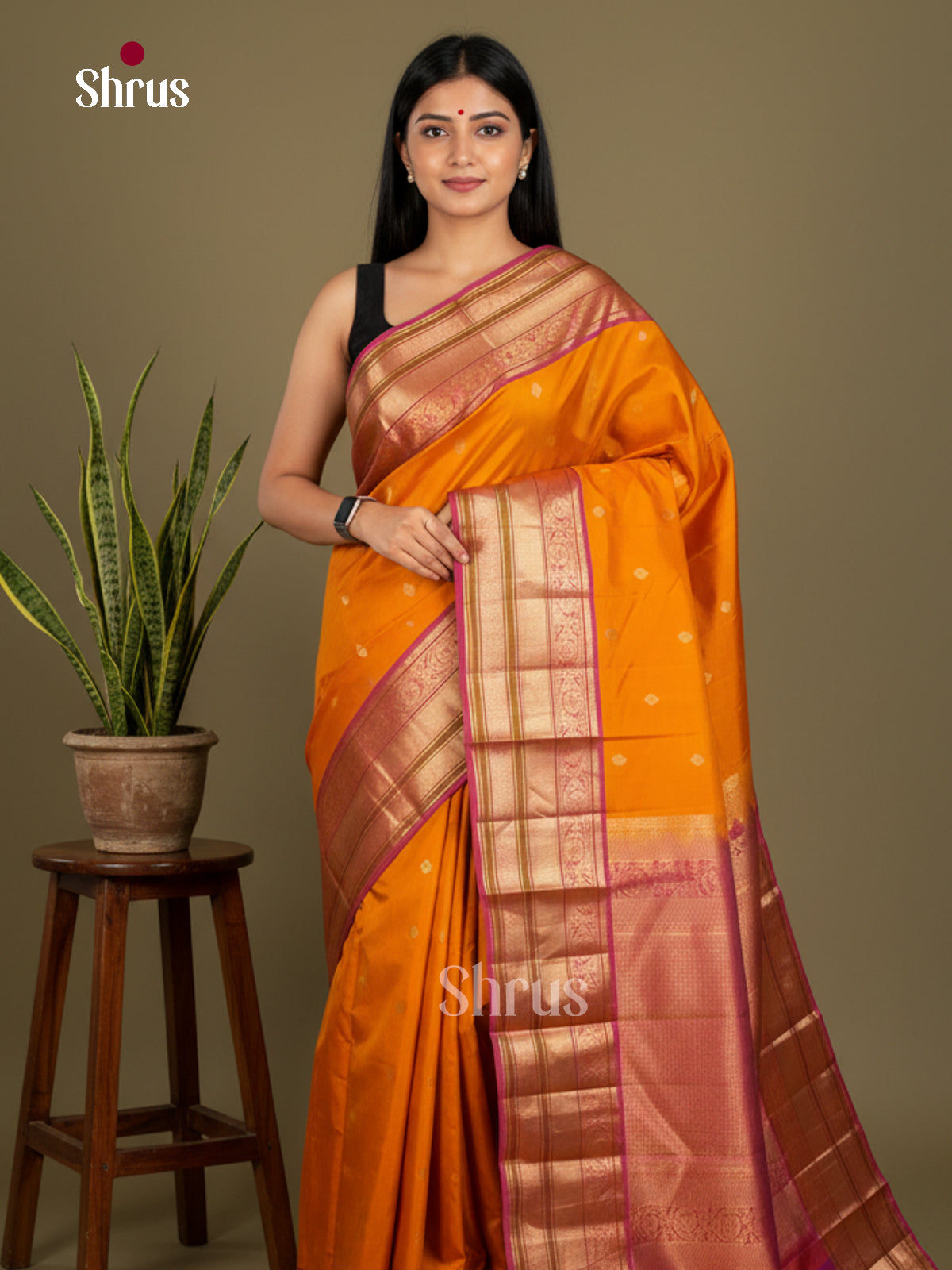 Buy Festive Mustard Kanchipuram Saree With Zari Buttas, Reddish Orange Border & Brocade Pallu