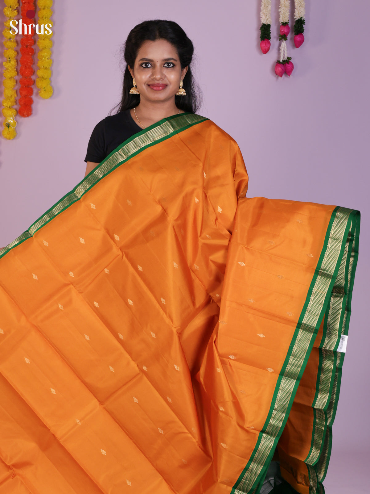 Buy Luminous Mustard Kanchipuram Saree with Gold Floral Buttas, Green Zari Border & Pallu