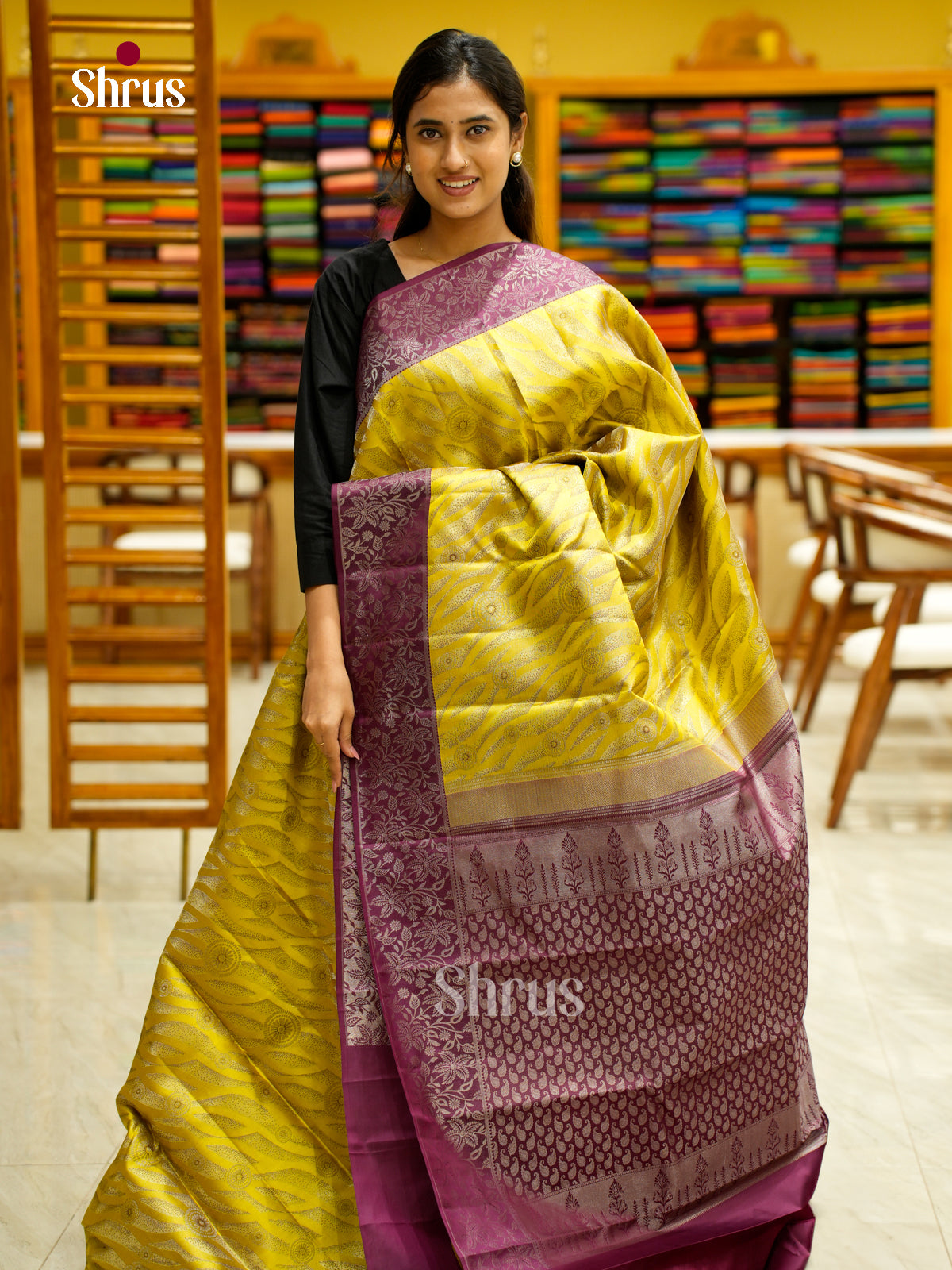 Buy Ethereal Mustard Kanchipuram Saree with Wavy Patterns & Purple Border With Floral Vines