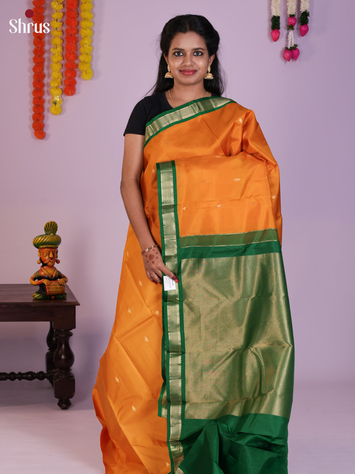 Buy Luminous Mustard Kanchipuram Silk Saree with Gold Floral Buttas, Green Zari Border & Pallu