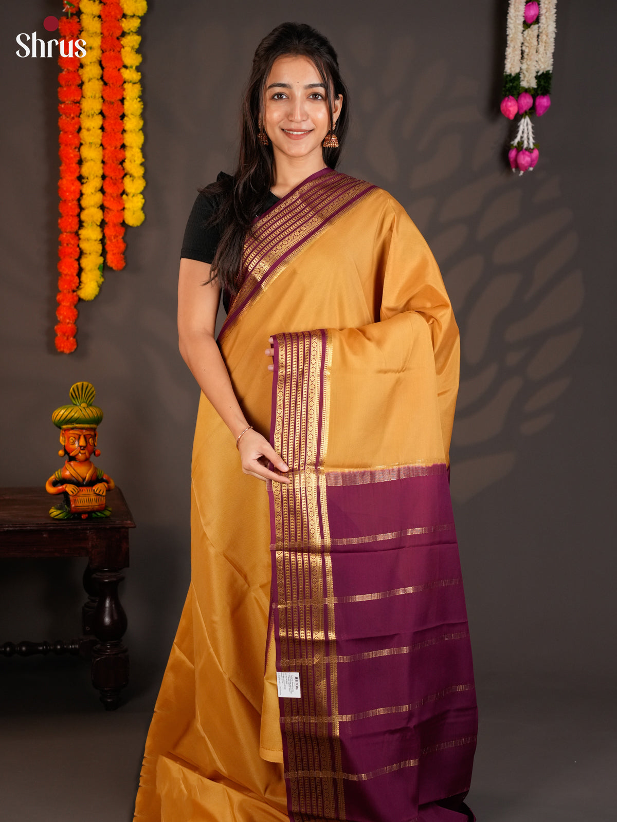 Buy Lustrous Mustard Mysore Crepe Silk Saree with Plain Body, Purple Zari Striped Border & Traditional Pallu
