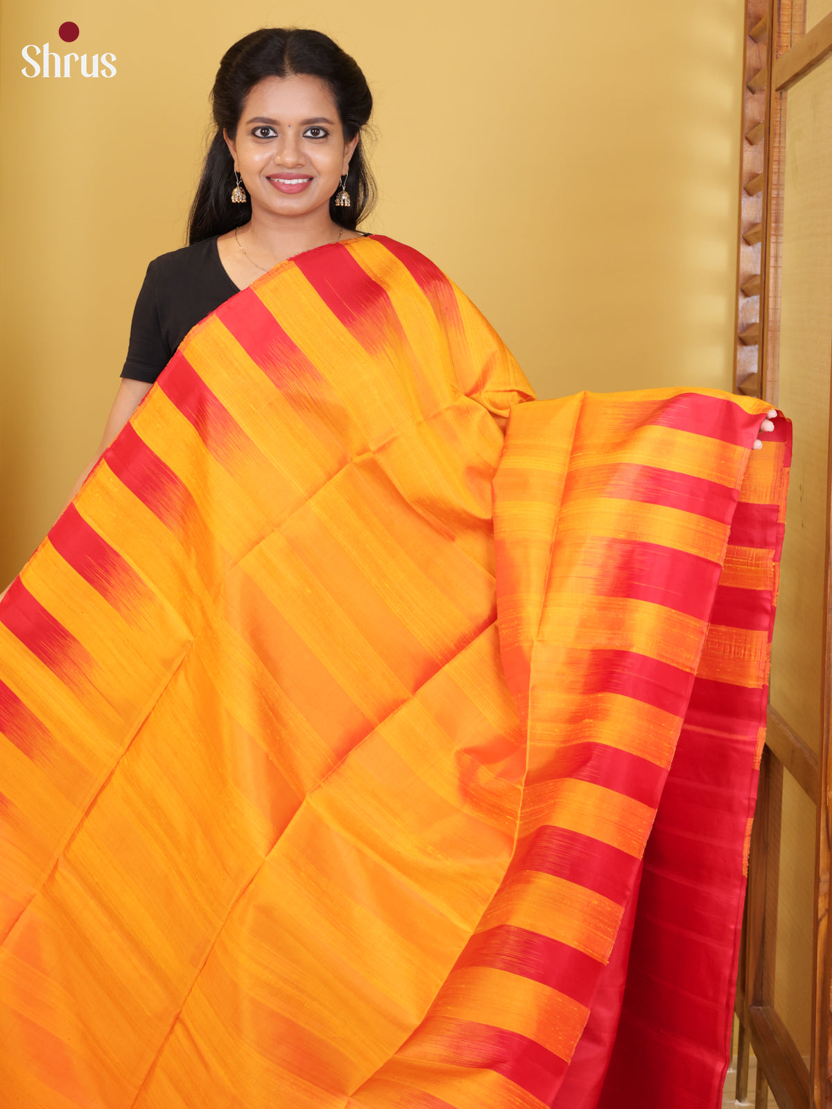 Buy Sun-kissed Mustard Pure Soft Silk Saree With Broad Horizontal Stripes & Orange Plain Pallu