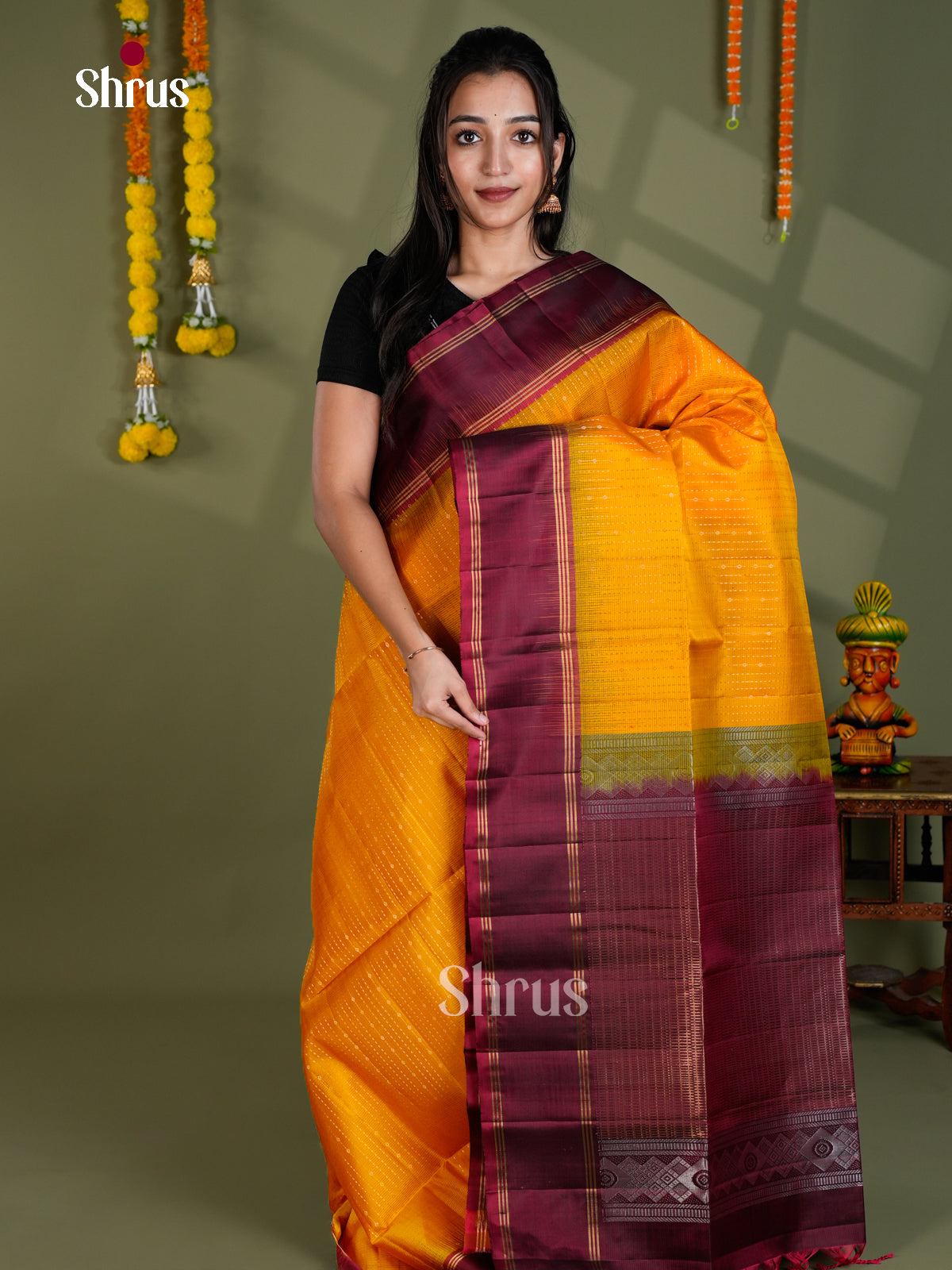 Buy Radiant Mustard Pure Soft Silk Saree With Linear Zari Dotted Pattern & Maroon Rettaipet Border
