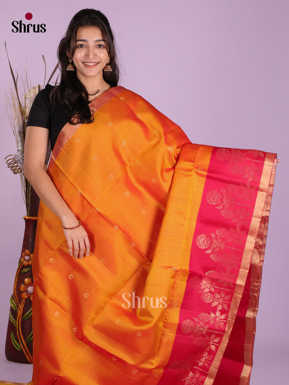 Buy Luminous Mustard Pure Soft Silk Saree With Small Buttas, Pink Border & Brocade Pallu