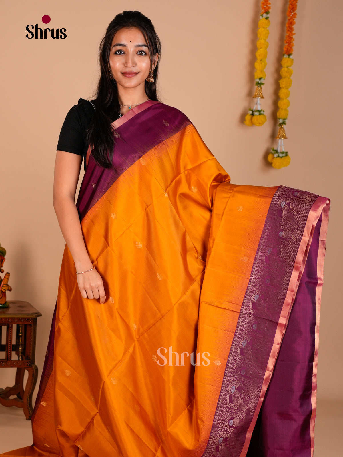 Buy Luxurious Mustard Pure Soft Silk Saree with Gold Floral Buttas & Purple Zari Woven Border & Pallu