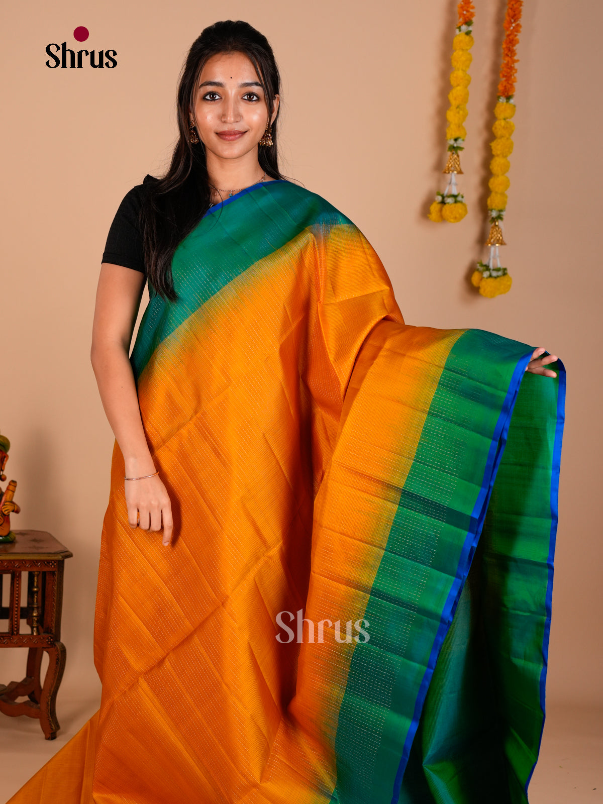 Buy Timeless Mustard Pure Soft Silk Saree with Intricate checks, Green Border & Brocade Pallu 