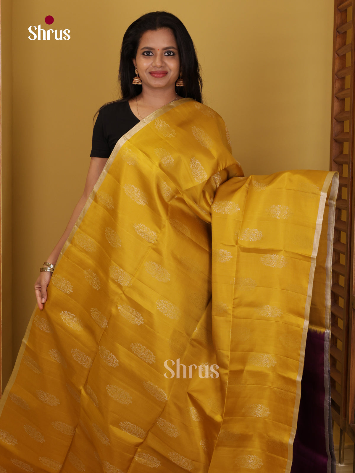 Buy Lustrous Mustard Pure Soft Silk Saree with Paisley Floral Motifs, Zari Border & Wine Brocade Pallu 