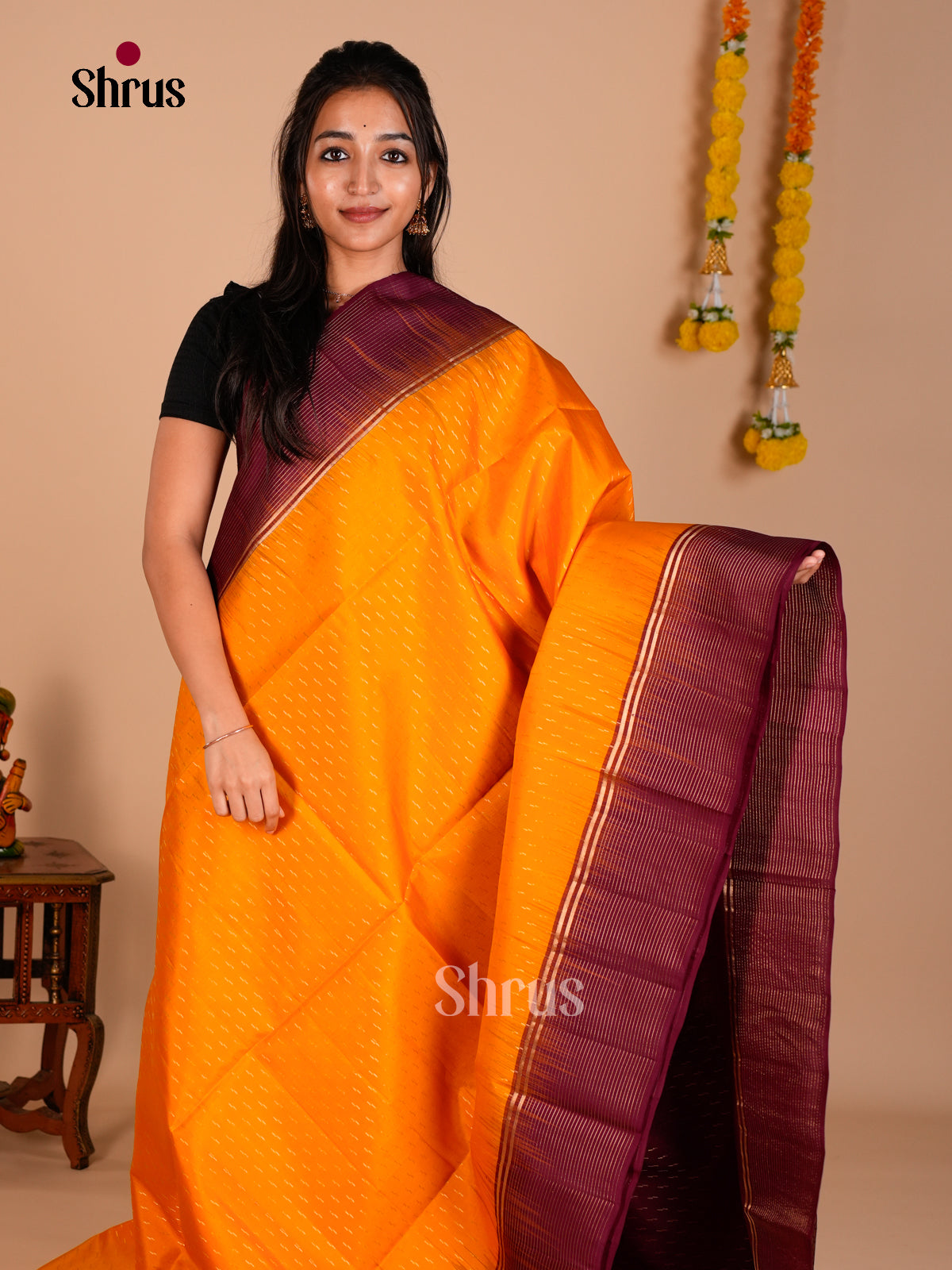 Buy Lustrous Mustard Pure Soft Silk Saree with Stripes Buttas & Striped Maroon Zari Border