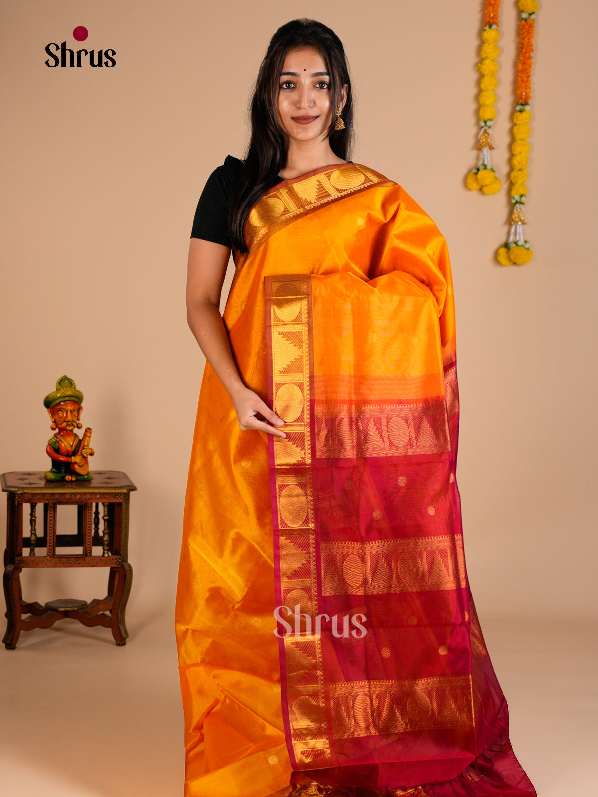 Buy Vibrant Mustard Silk Cotton Saree With Gold Buttas, Maroon Zari Woven Border & Traditional Pallu