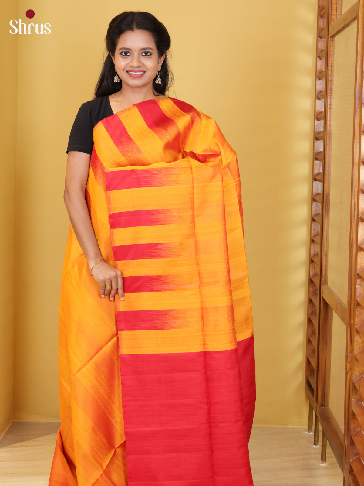 Buy Sun-kissed Mustard Soft Silk Saree With Broad Horizontal Stripes & Orange Plain Pallu