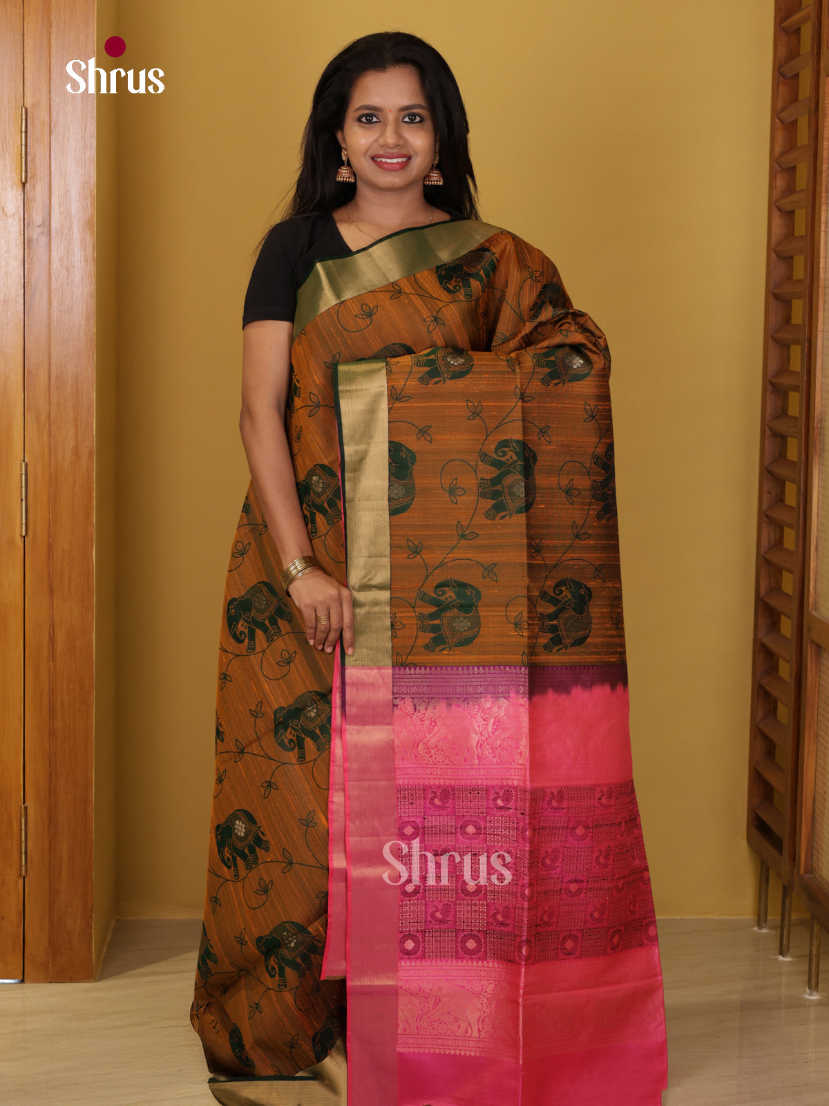 Buy Earthy Mustard Soft Silk Saree With Elephant Motif Prints & Rani Pink Brocade Pallu