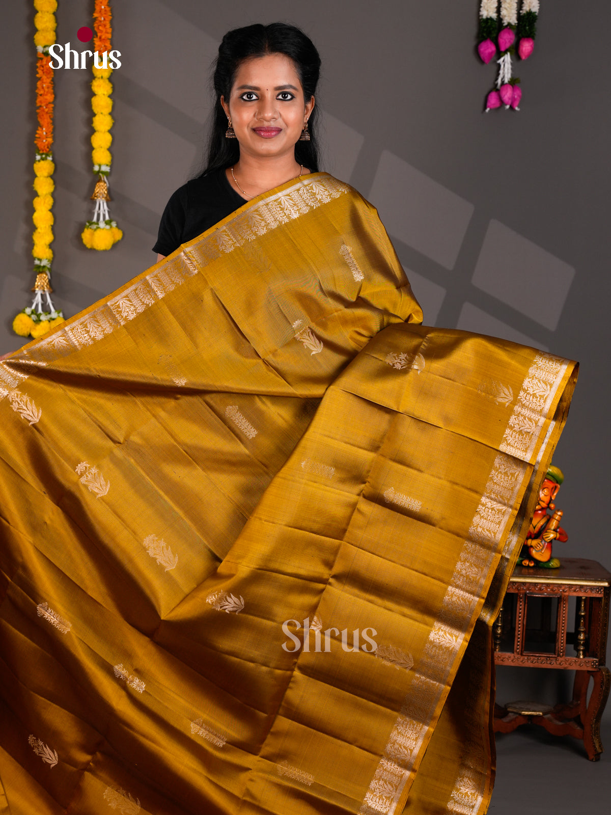 Buy Radiant Mustard Soft Silk Saree With Floral Buttas & Silver Zari woven Border & Pallu