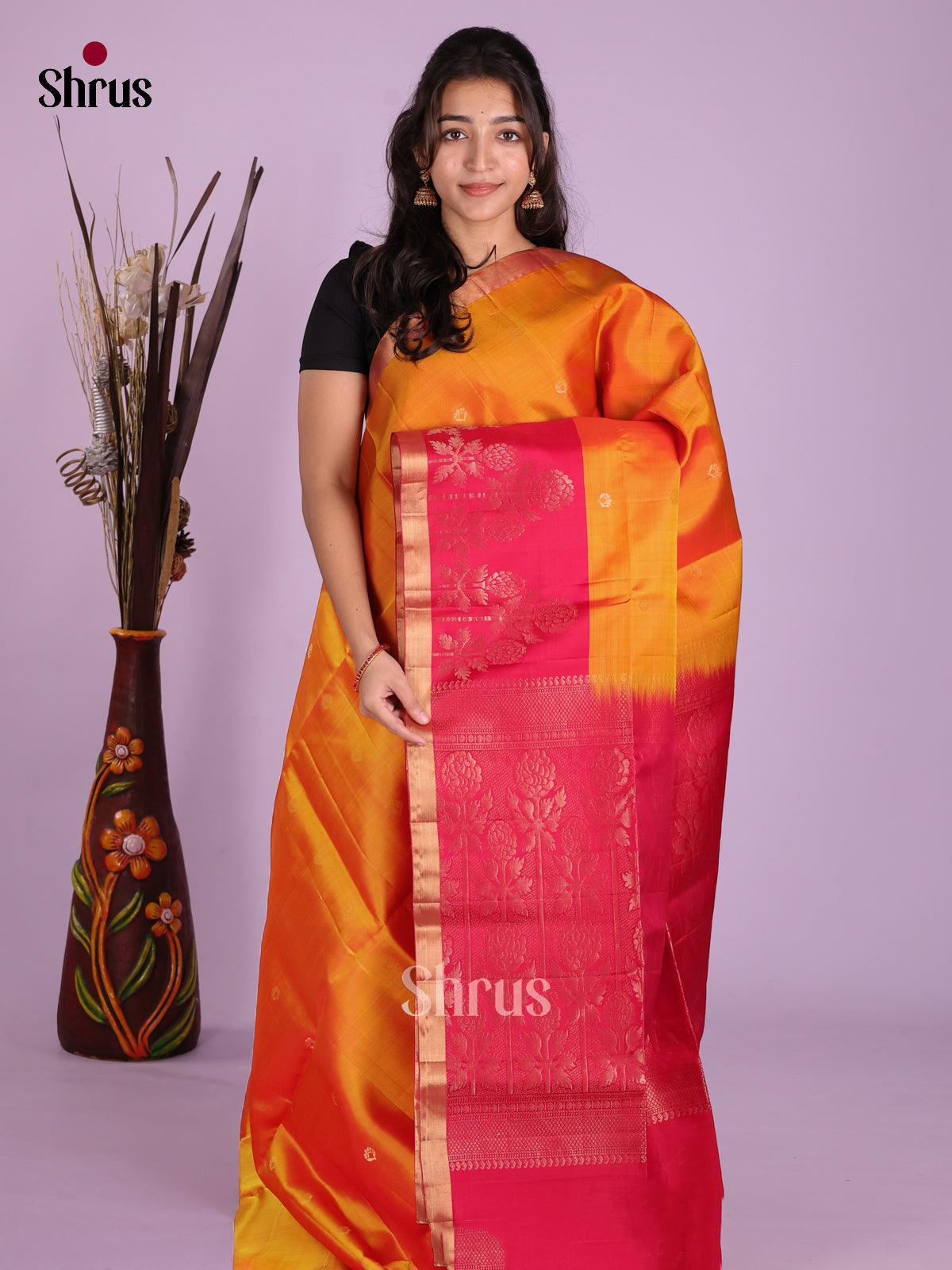 Buy Luminous Mustard Soft Silk Saree With Small Buttas, Pink Border & Brocade Pallu