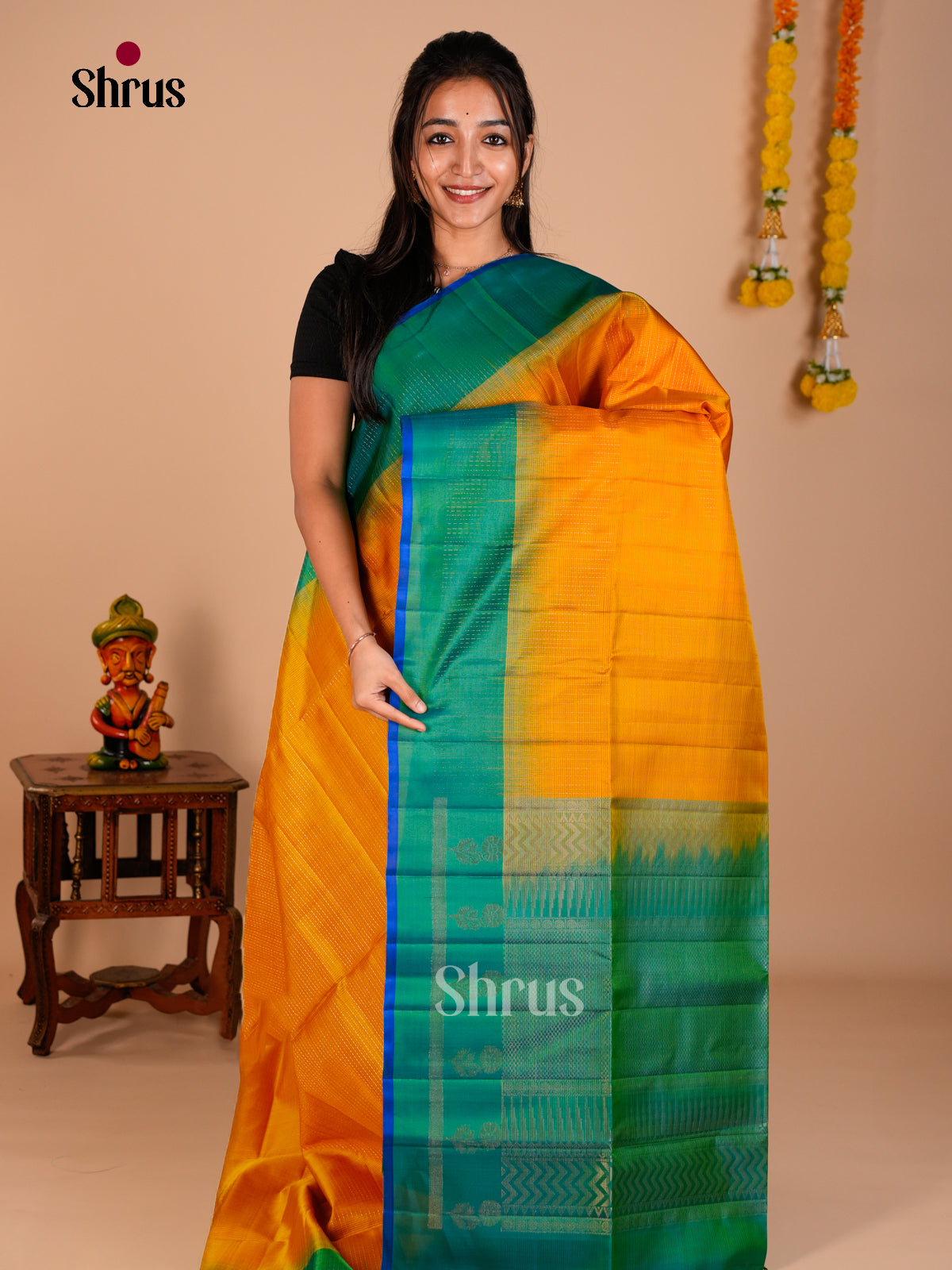 Buy Timeless Mustard Soft Silk Saree with Intricate checks, Green Border & Brocade Pallu 