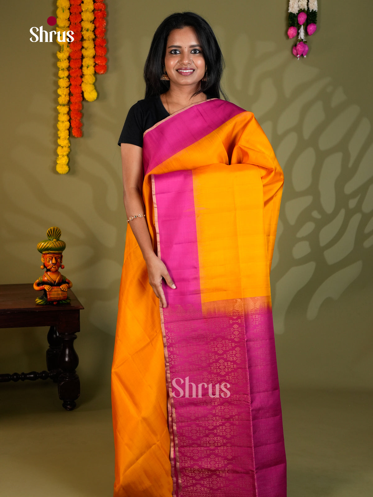 Buy Glorious Mustard Soft Silk Saree with Plain Body & Pink Zari Brocade Pallu