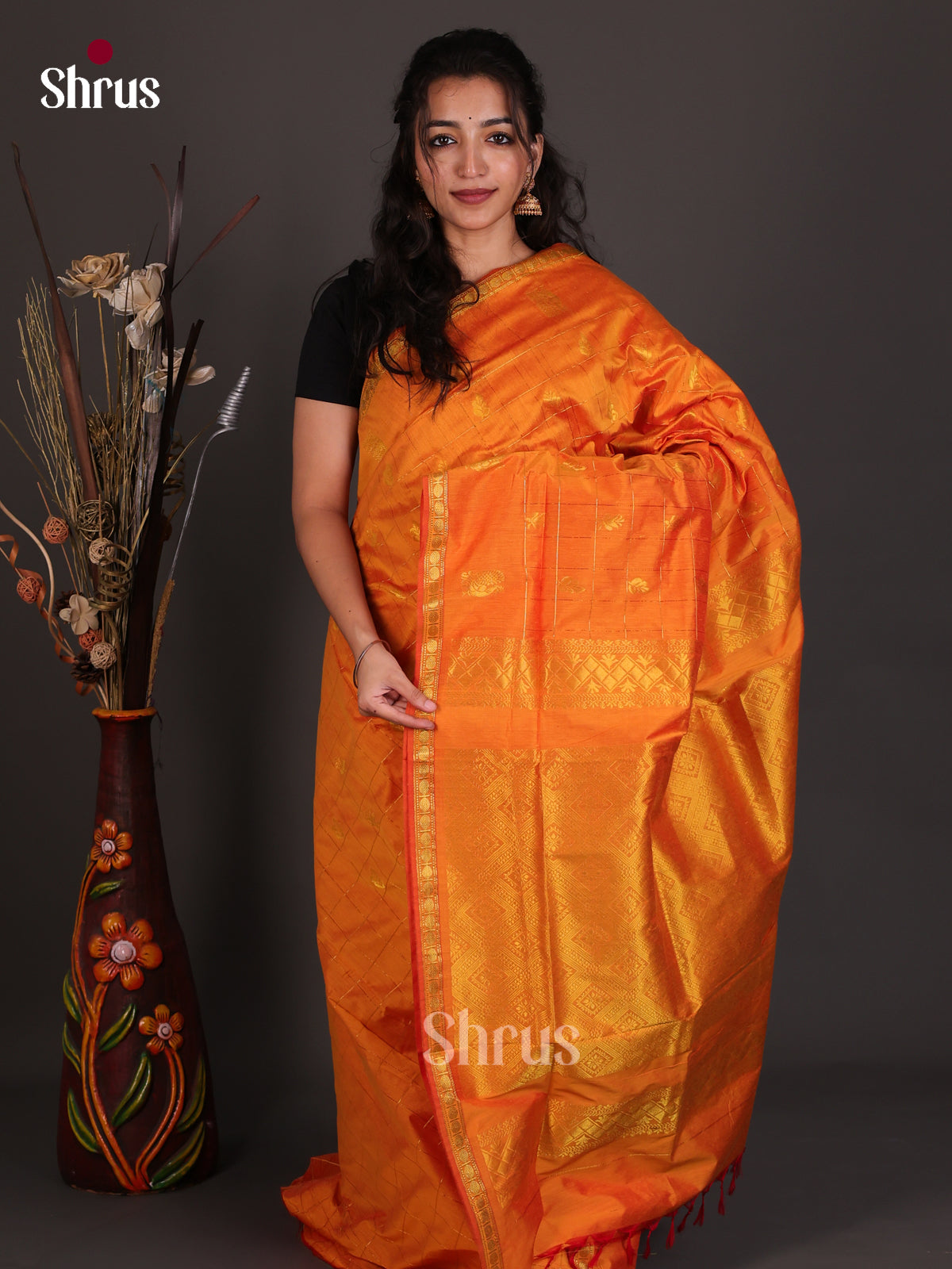 Radiant Mustard Yellow Kalyani Cotton Saree With Gold Checks, Floral Motifs, Thin Zari Border & Pallu