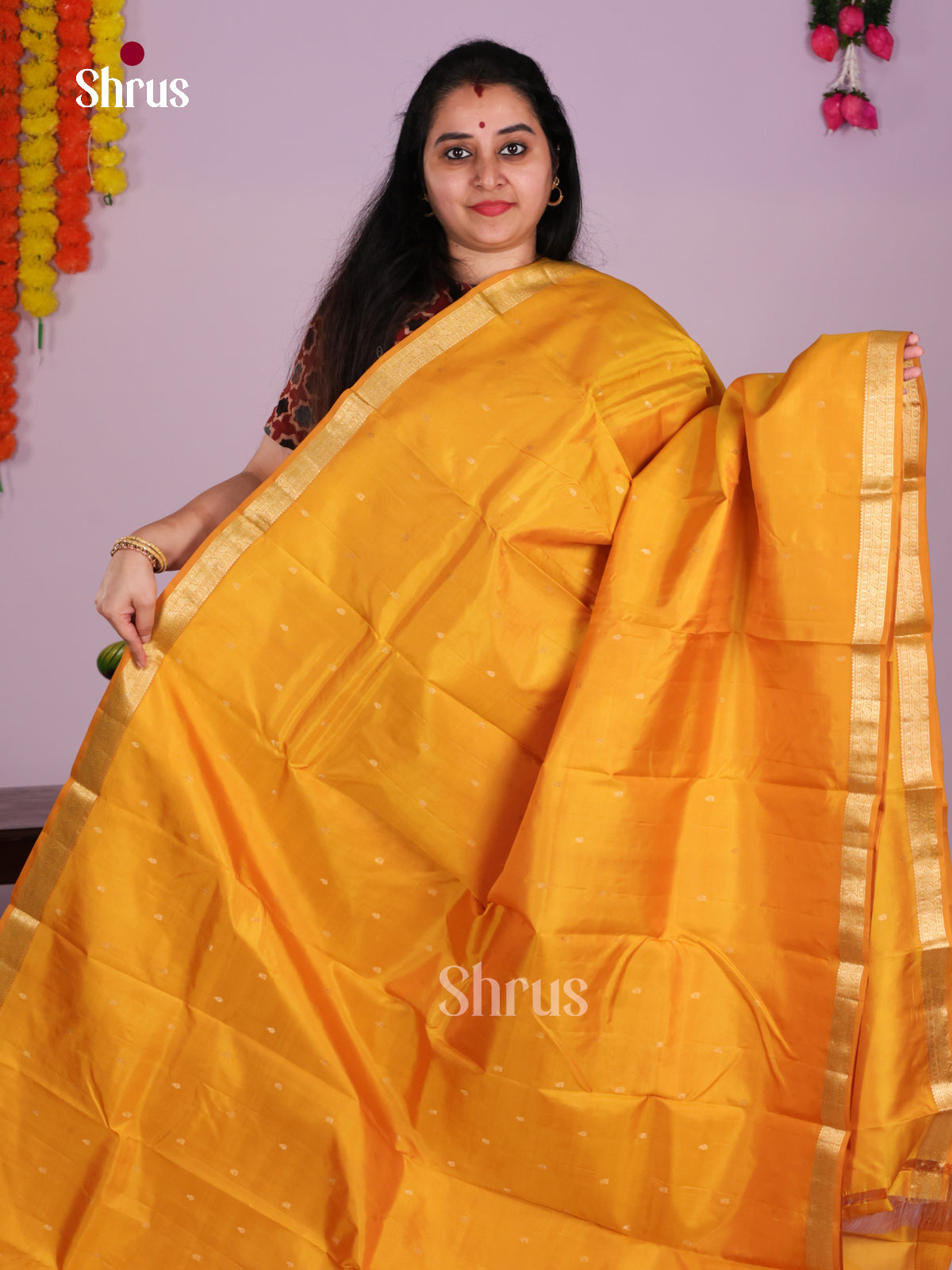 Buy Elegant Mustard Yellow Kanchipuram Saree With Gold Buttis, Small Zari Border & Brocade Pallu