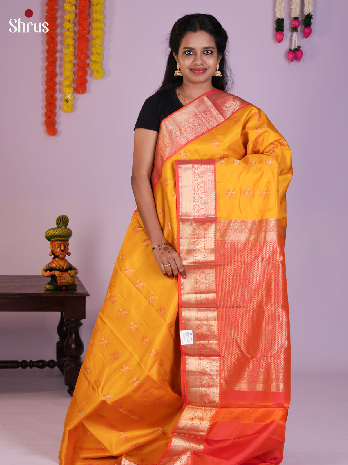 Buy Stunning Mustard Yellow Kanchipuram Saree with Floral Buttas, Coral Red Zari Border & Pallu