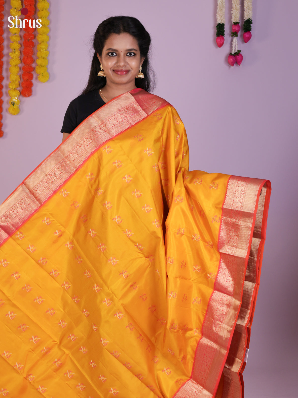 Buy Stunning Mustard Yellow Kanchipuram Sarees with Floral Buttas, Coral Red Zari Border & Pallu