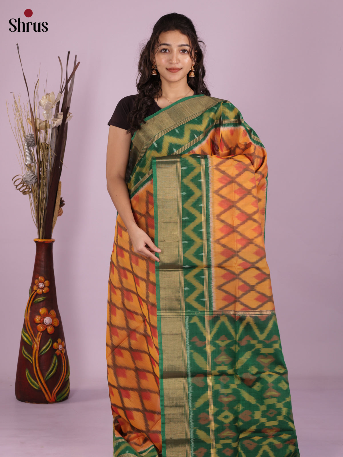 Buy Warm Mustard Yellow Pochampally Silk Cotton Saree With Zigzag Ikat Motifs, Green Border & Pallu