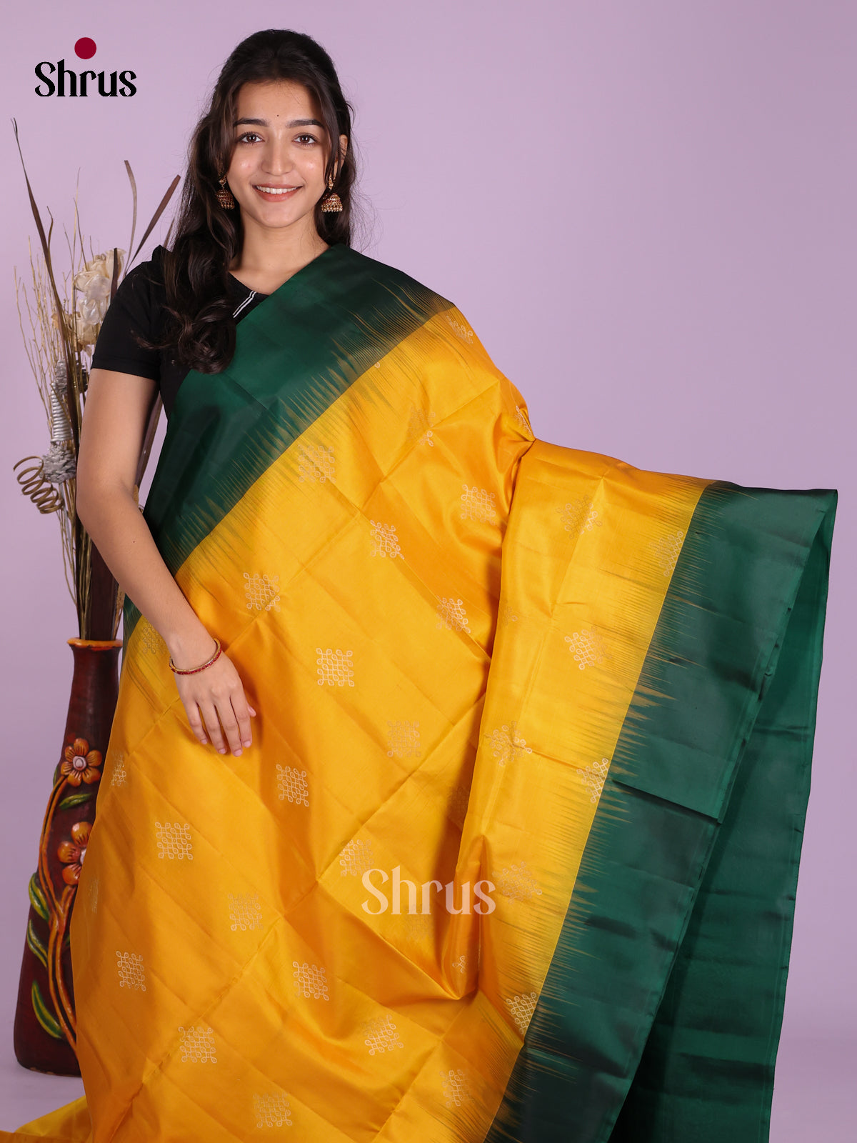 Buy Radiant Mustard Yellow Pure Soft Silk Saree With Silver Kolam Motifs, Bottle Green Border & Brocade Pallu