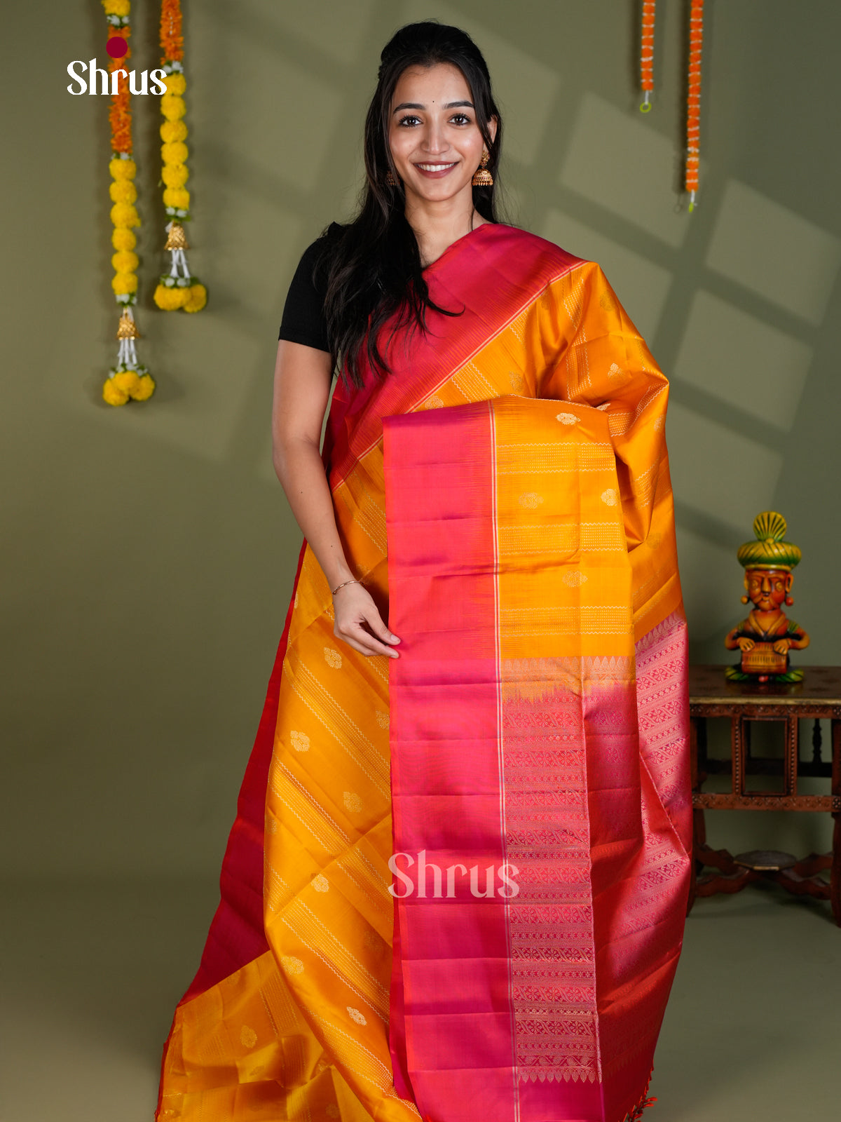 Buy Luminous Mustard Yellow Pure Soft Silk Saree With Zari Stripes Patterns, Buttas & Pink Brocade Pallu