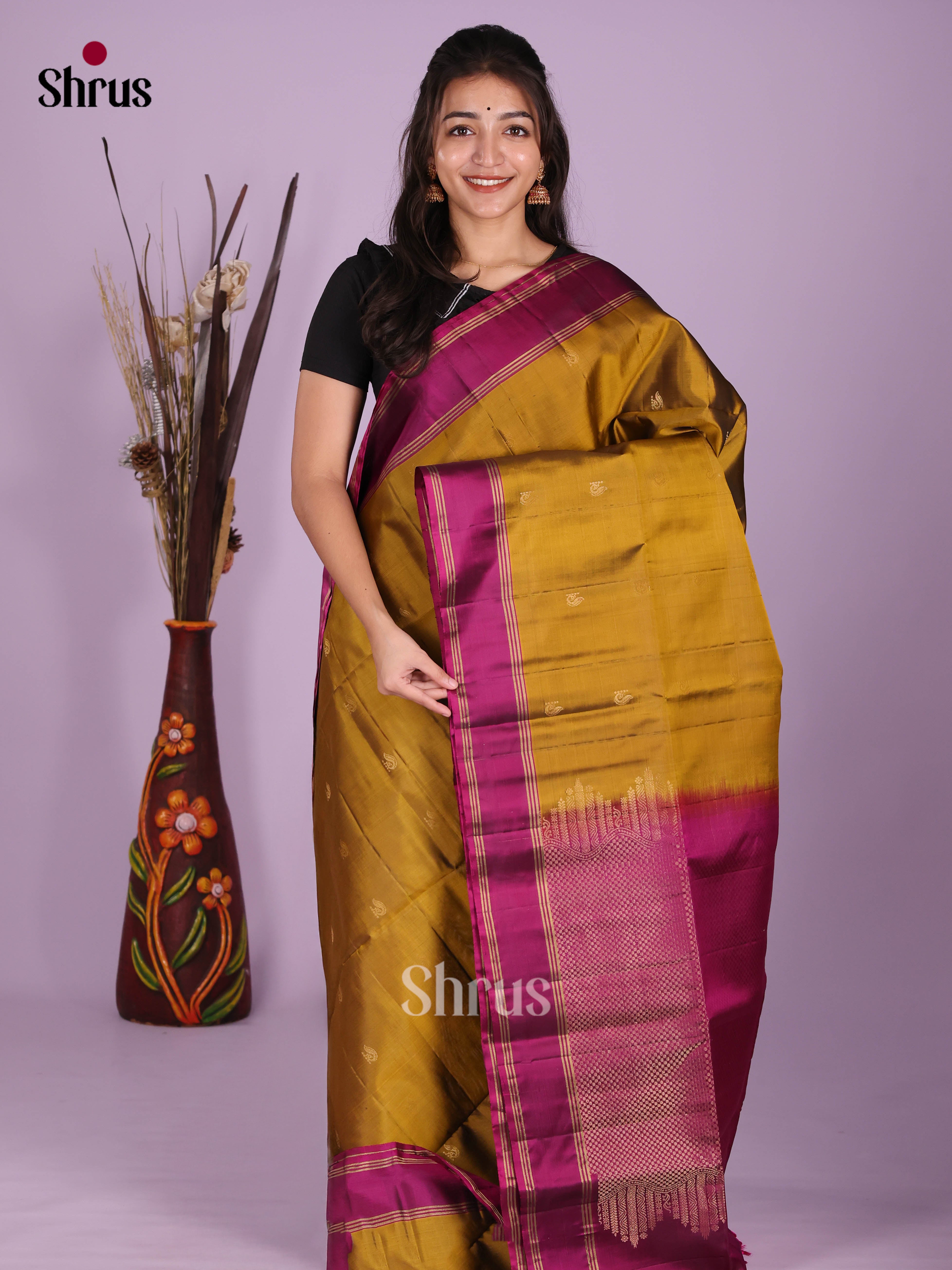 Buy Stunning Mustard Yellow Soft Silk Saree With Gold Buttas, Wine Rettaipet Zari Border & Brocade Pallu