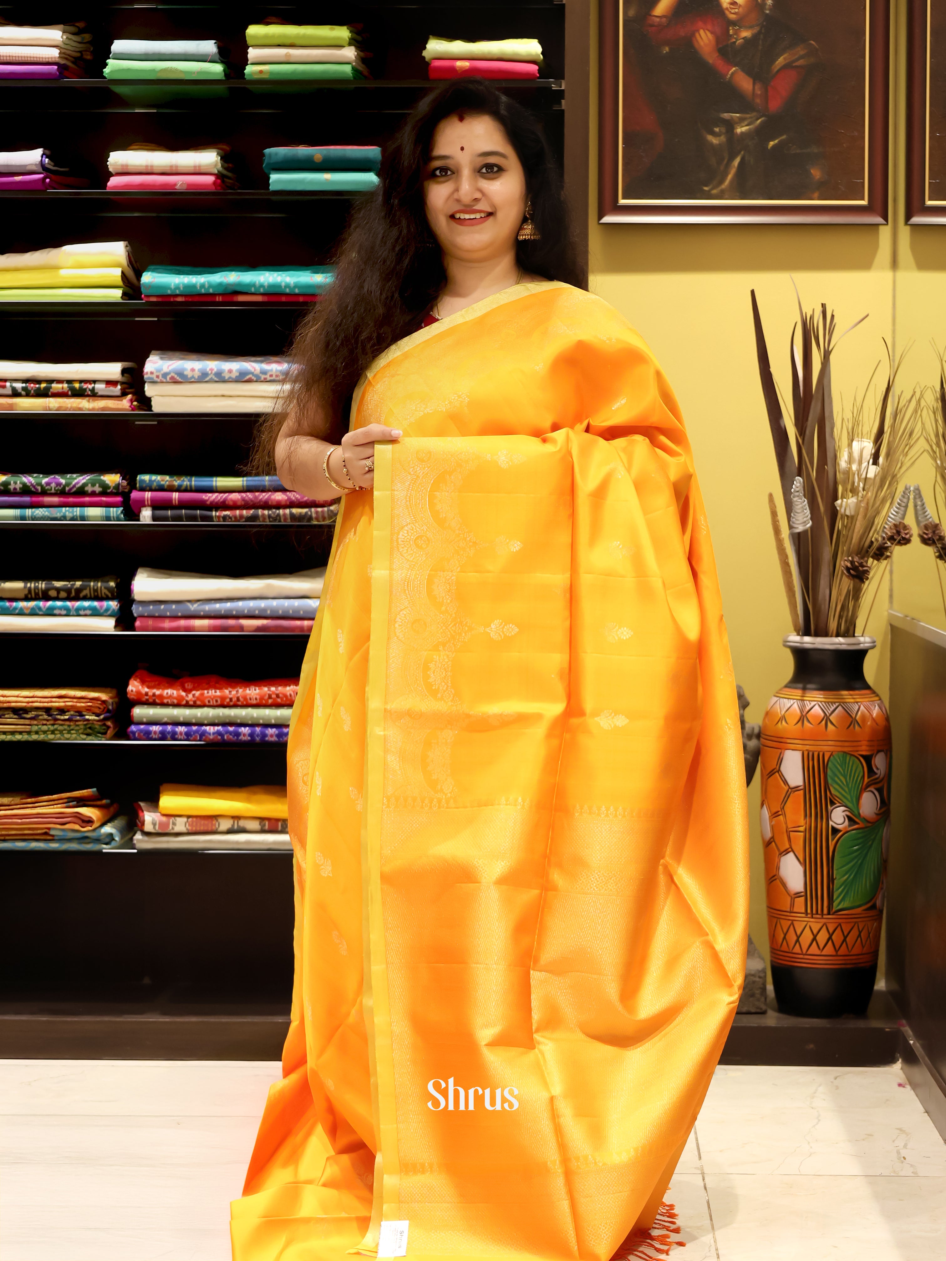 Vivid Mustard Yellow Soft Silk Saree With Golden Buttas & Self Border With Zari Floral Scrollwork