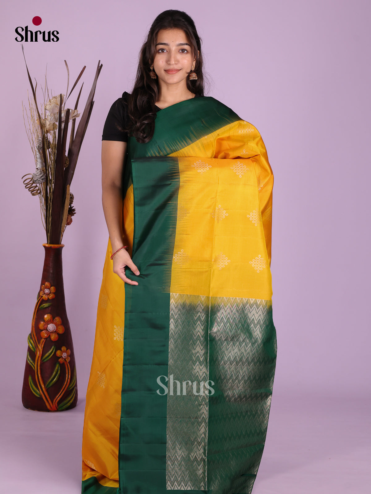 Buy Radiant Mustard Yellow Soft Silk Saree With Silver Kolam Motifs, Bottle Green Border & Brocade Pallu