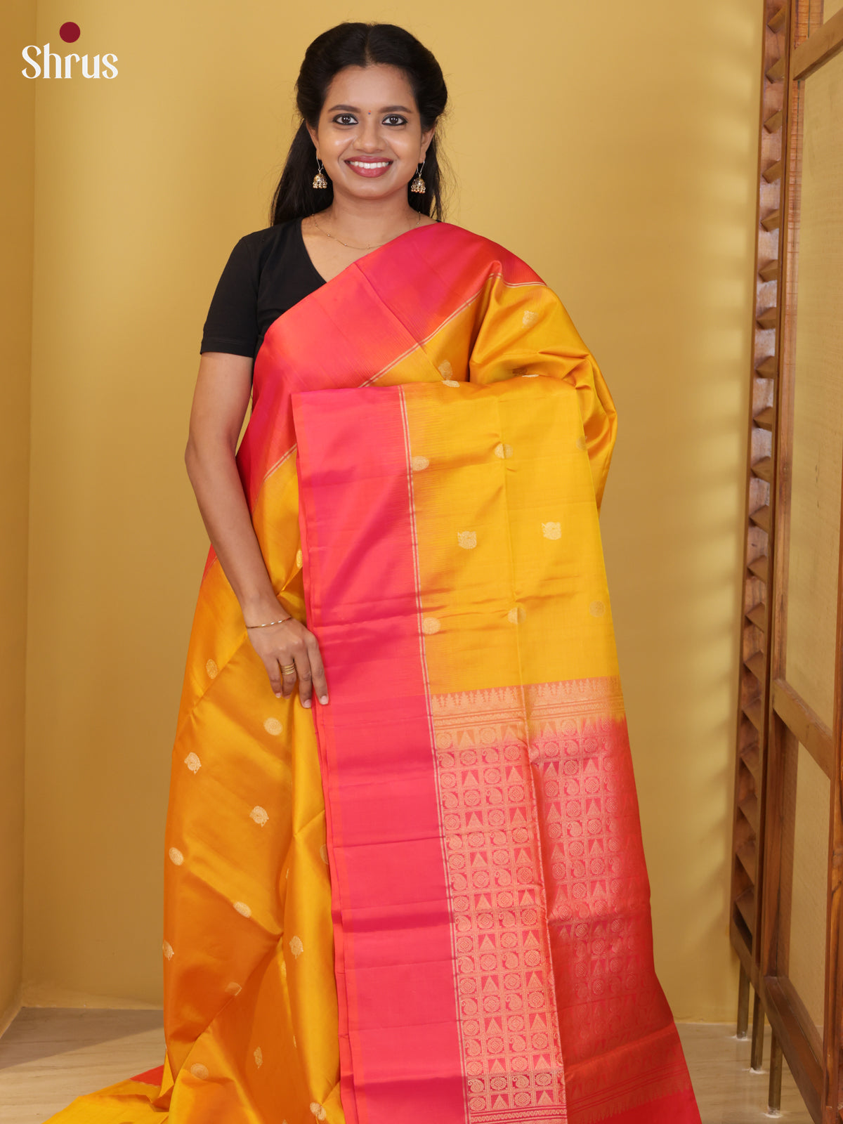 Buy Exquisite Mustard Yellow Soft Silk Saree with Zari Peacock, Floral Buttas & Orangish Pink Pallu
