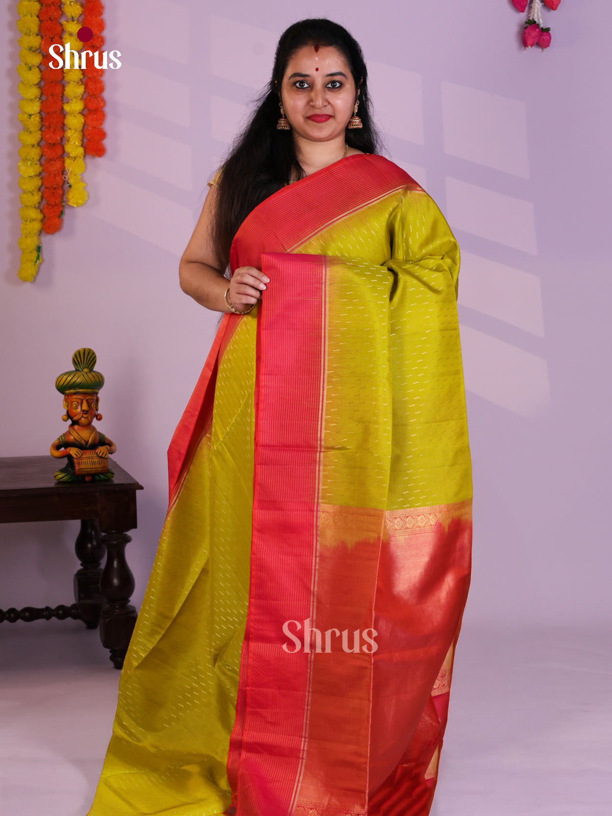 Buy Regal Mustardy Green Soft Silk Saree with Stripes Butta & Orange Zari Brocade Pallu